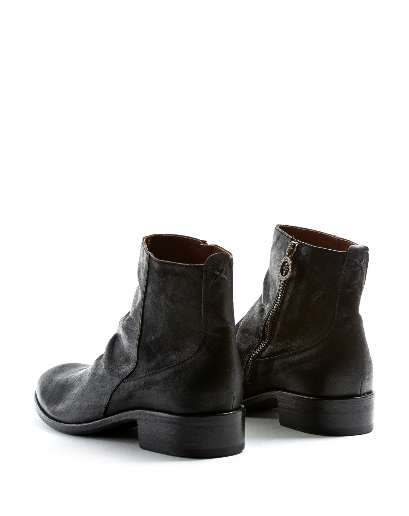 Fiorentini + Baker, CHANCE CLAUS, Men ankle boots with elongated toe, naturally ruched vamp and inside zip in reversed black leather-Made in Italy-back