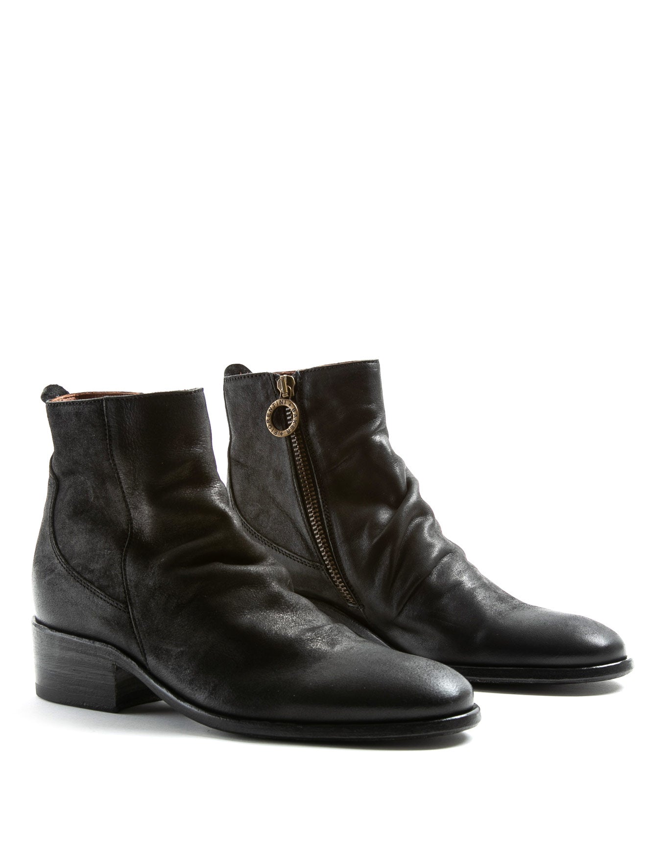 Fiorentini + Baker, CHANCE CLAUS, Women ankle boots with elongated toe, naturally ruched vamp and inside zip in reversed black leather-Made in Italy-lateral