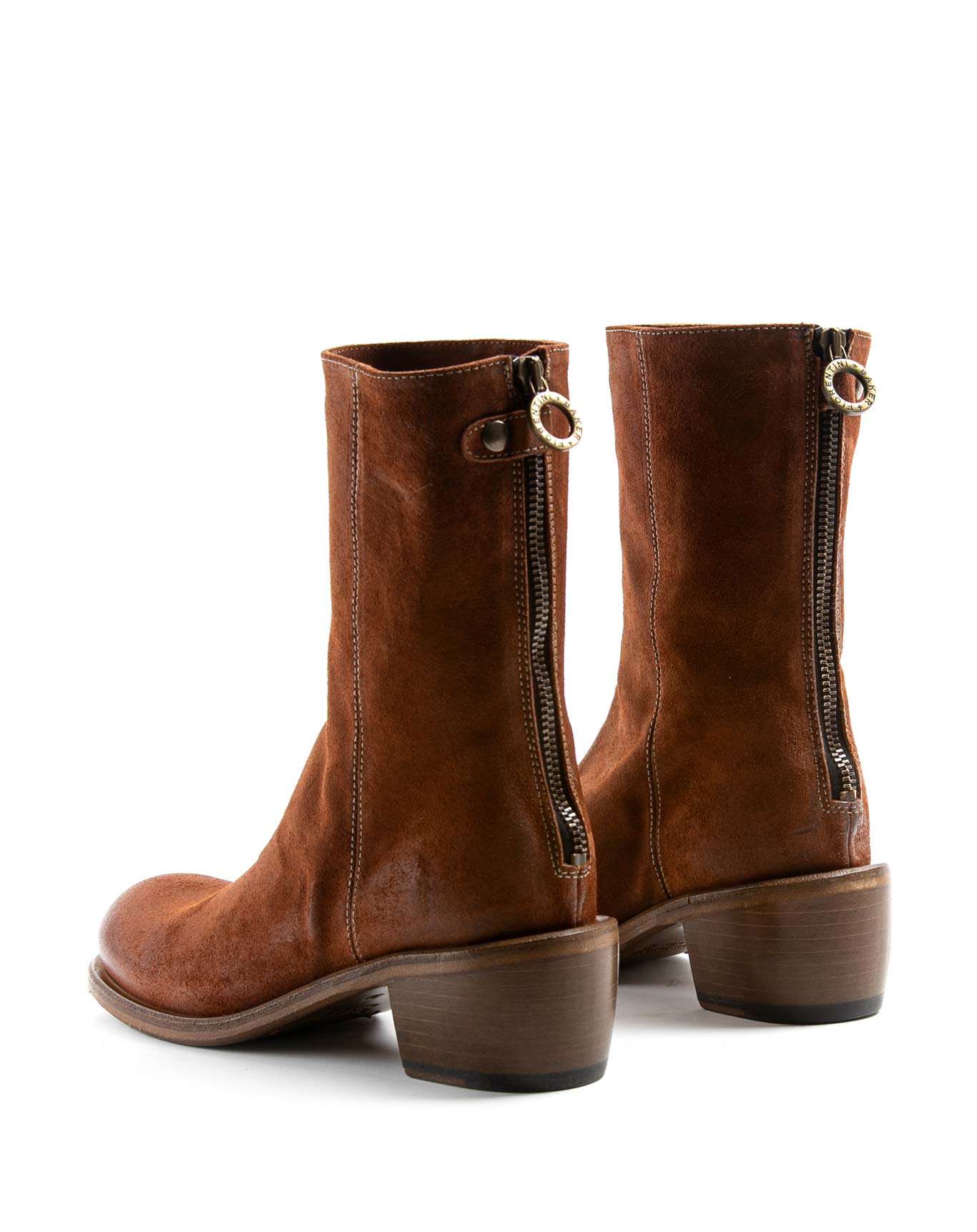Fiorentini + Baker, MELLOW MENI, Women tall ankle boots with rear zip in brown suede, squared toe and 5cm heel in black leather-Made in Italy-back