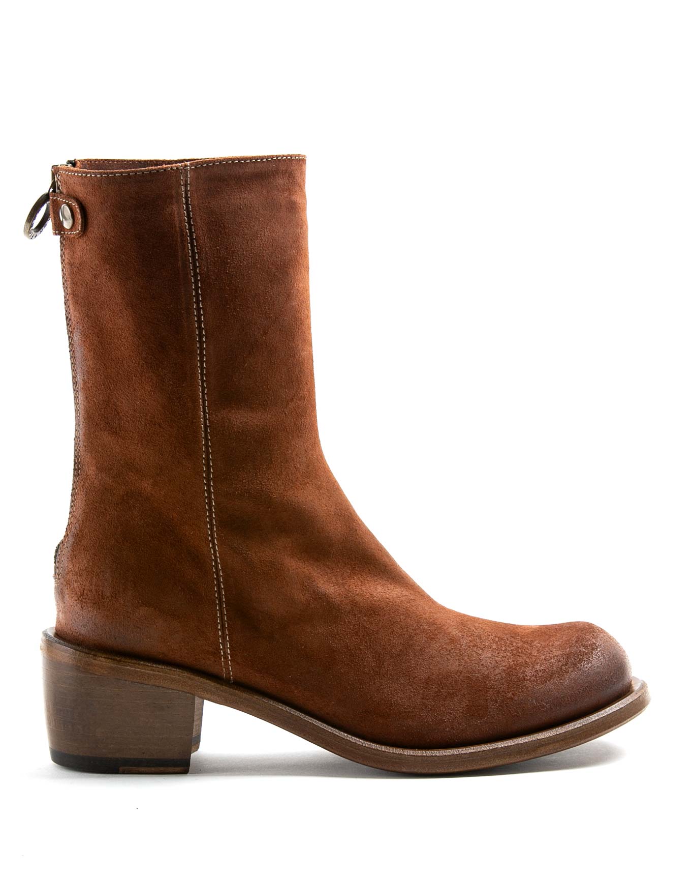 Fiorentini + Baker, MELLOW MENI, Women tall ankle boots with rear zip in brown suede, squared toe and 5cm heel in black leather-Made in Italy-side