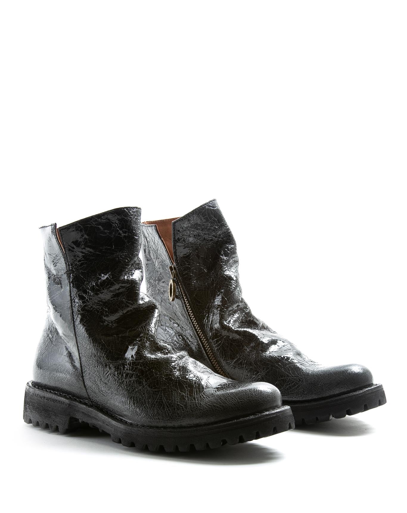 Fiorentini + Baker, ETERNITY MASSIVE M-ELF, Ankle boots with slightly ruched vamp and a thick rubber sole in distressed black leather-Made in Italy-lateral