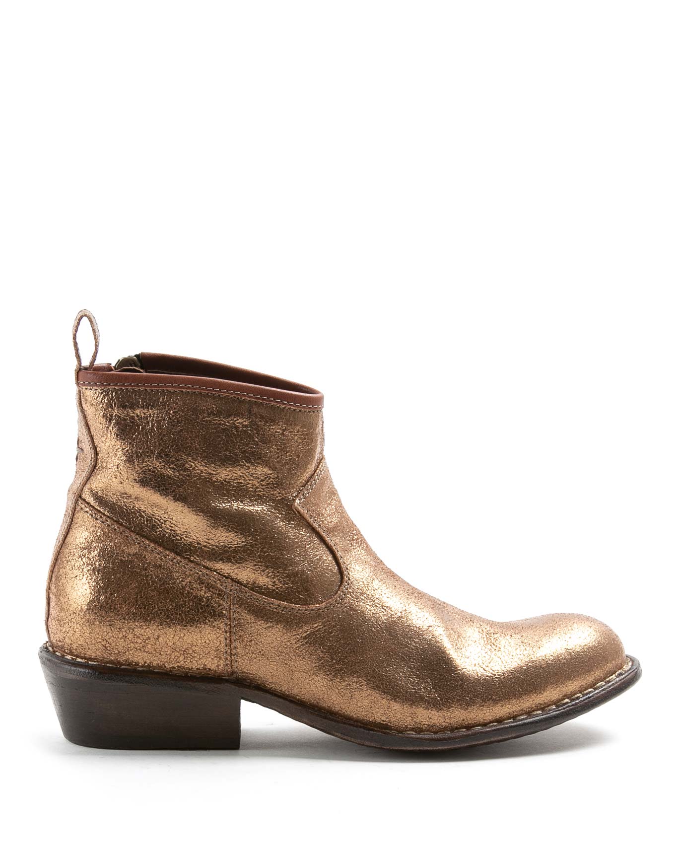Fiorentini + Baker, ROCKER REN, Gold leather ankle boots with slightly pointed toe and 4.5cm heel-Made in Italy-side