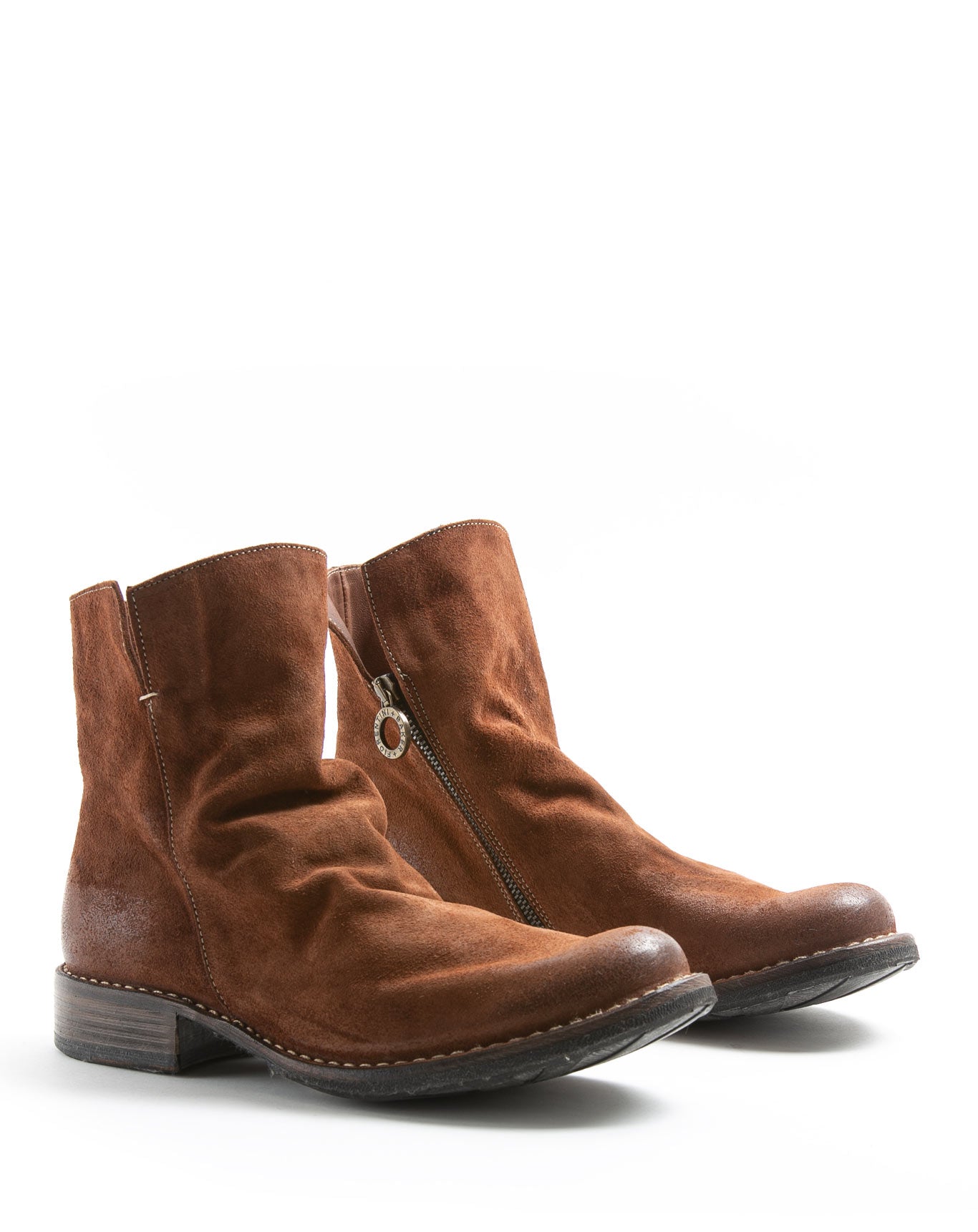 Fiorentini + Baker, ETERNITY ELF, Brown suede ankle boots with slightly ruched vamp and inside zip-Made in Italy-lateral
