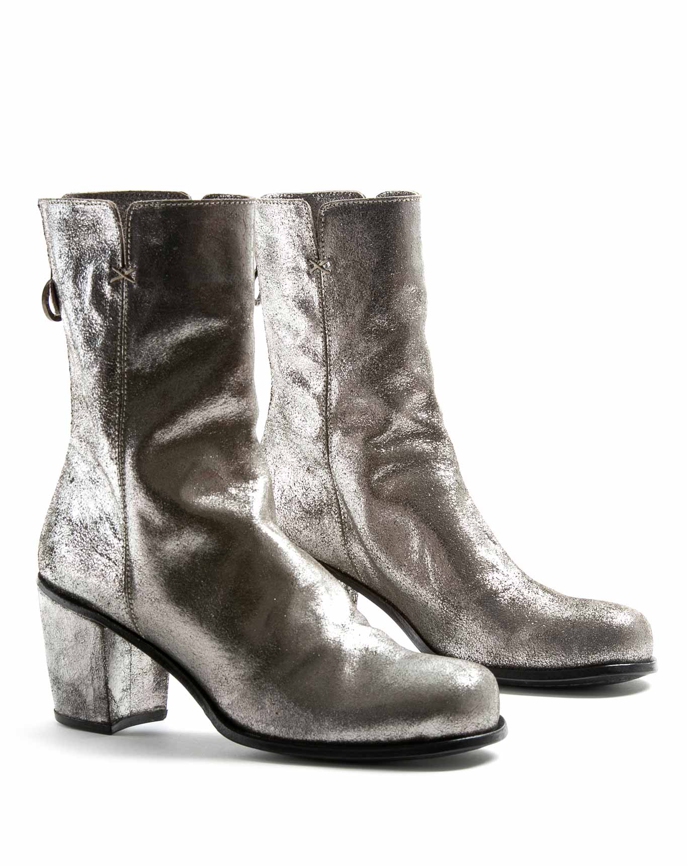 Fiorentini + Baker, J JONI, Gunmetal leather tall ankle boots with squared toe and 7.5cm heel-Made in Italy-lateral