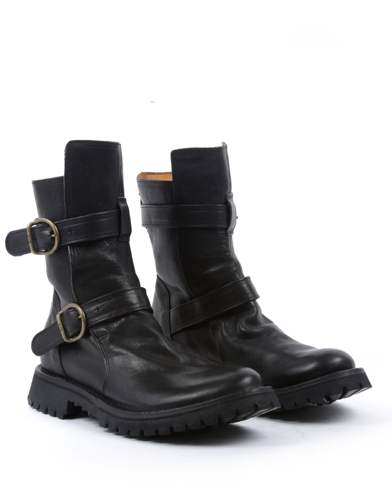 Fiorentini + Baker, ETERNITY MASSIVE M-713, Black leather tall ankle boots with 2 buckles and thick rubber sole-Made in Italy-lateral