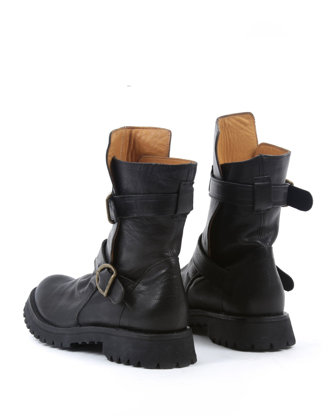 Fiorentini + Baker, ETERNITY MASSIVE M-713, Black leather tall ankle boots with 2 buckles and thick rubber sole-Made in Italy-back