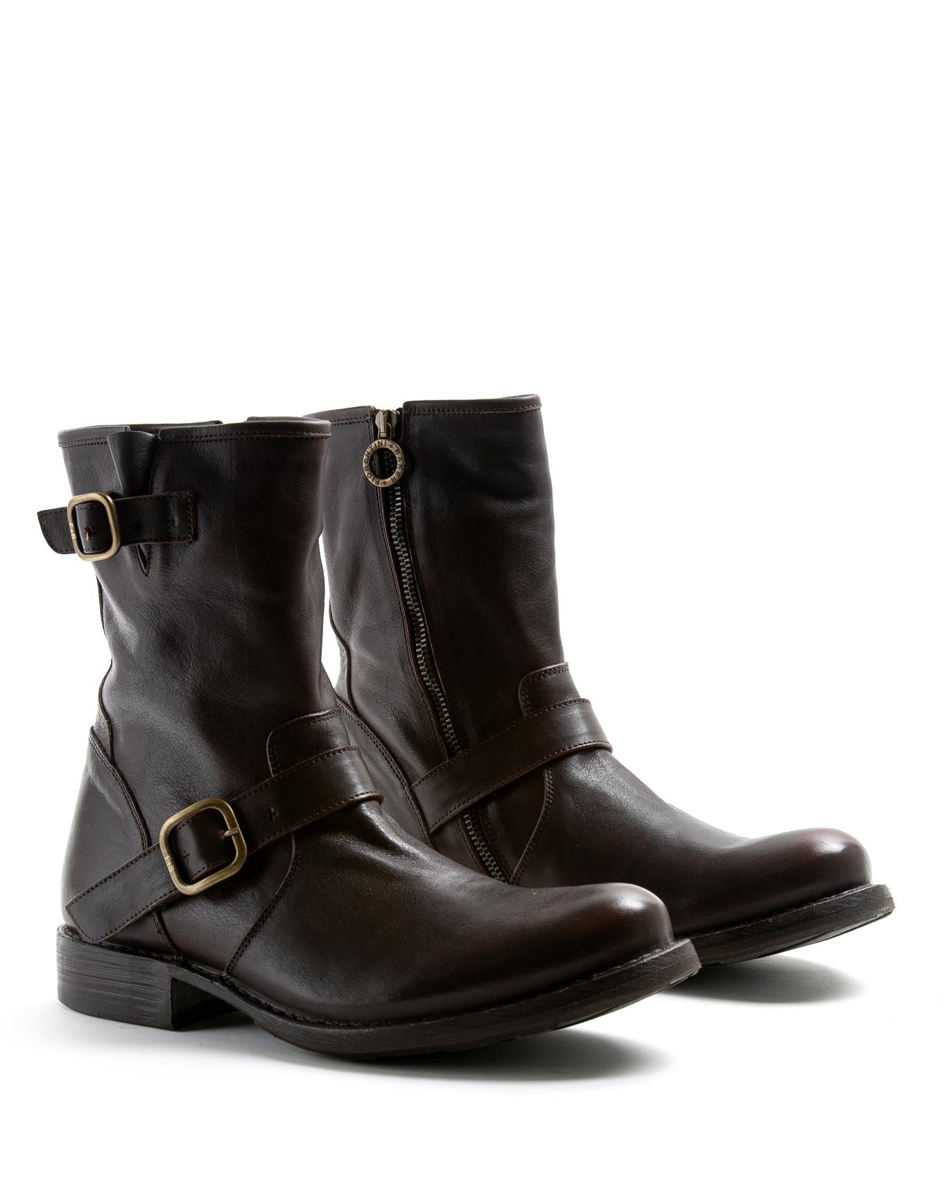 Fiorentini + Baker, ETERNITY EVIA, Women biker ankle boots with buckle detailing and inside zip in dark brown leather-Made in Italy-lateral