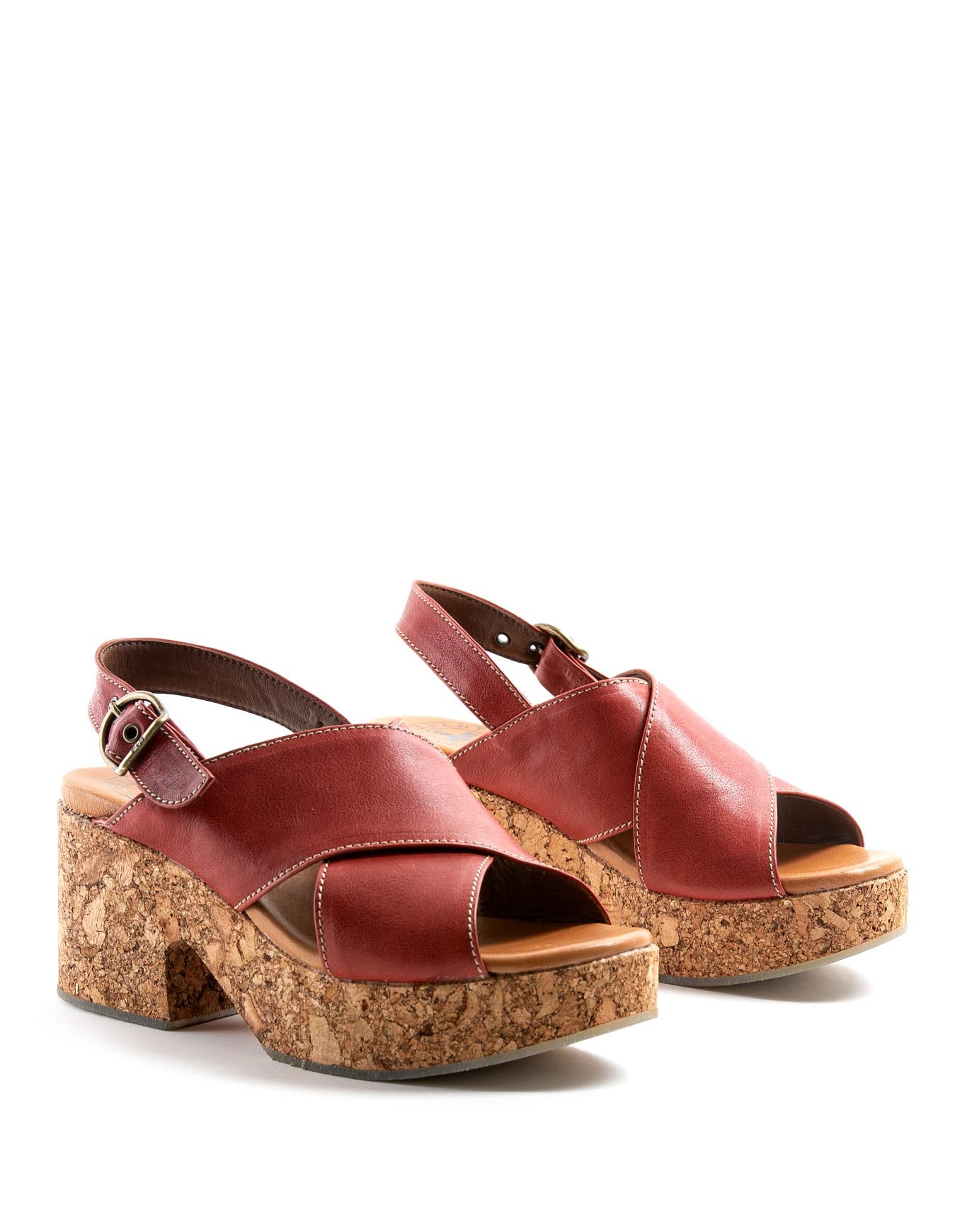 Fiorentini + Baker, DELITE DEVON, Sandals with adjustable buckled strap, cork sole and 8cm heel in smooth red leather-Made in Italy-lateral