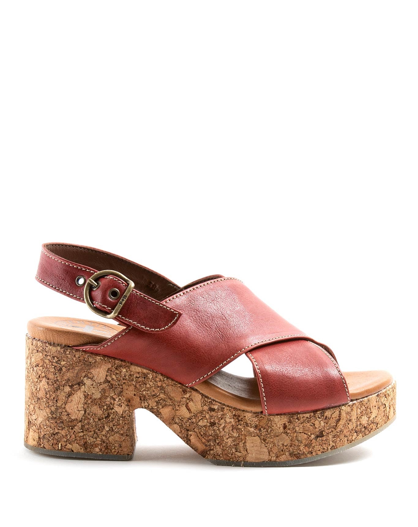 Fiorentini + Baker, DELITE DEVON, Sandals with adjustable buckled strap, cork sole and 8cm heel in smooth red leather-Made in Italy-side