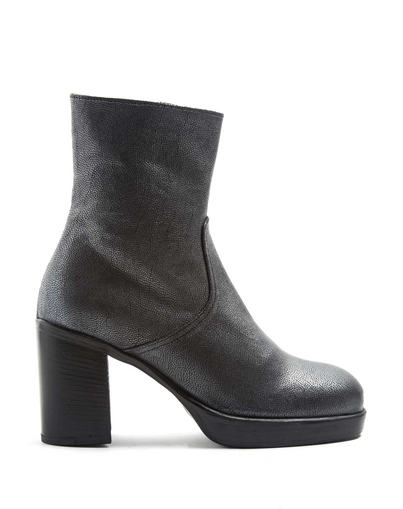 Fiorentini + Baker, LONDON LIL, Dark silver leather women ankle boots with
slightly squared off toe and 9cm heel-Made in Italy-side