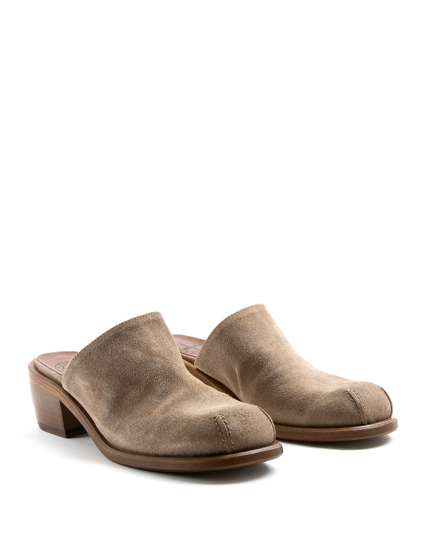 Fiorentini + Baker, MELLOW MIND, Tobacco suede clog mules with squared toe and 4cm heel-Made in Italy-lateral