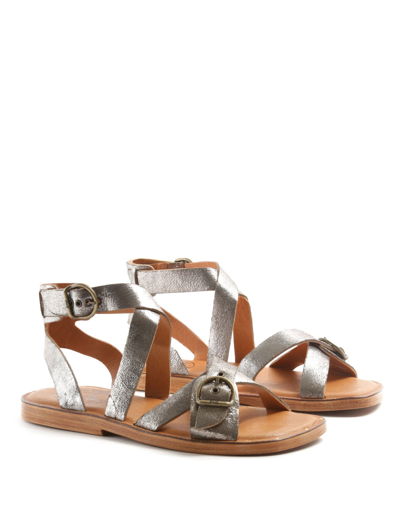 Fiorentini + Baker, ZANTE ZIVA, Women flat sandals with buckled straps in gunmetal leather-Made in Italy-lateral