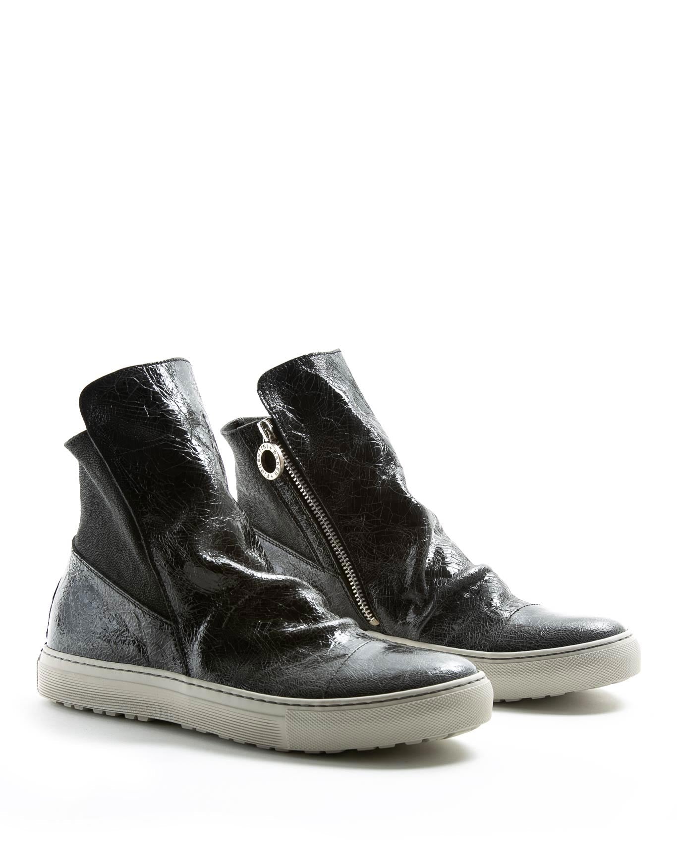 Fiorentini + Baker, BOLT BRET, Distressed black leather sneaker boots with ruched vamp and inside zip-Made in Italy-lateral