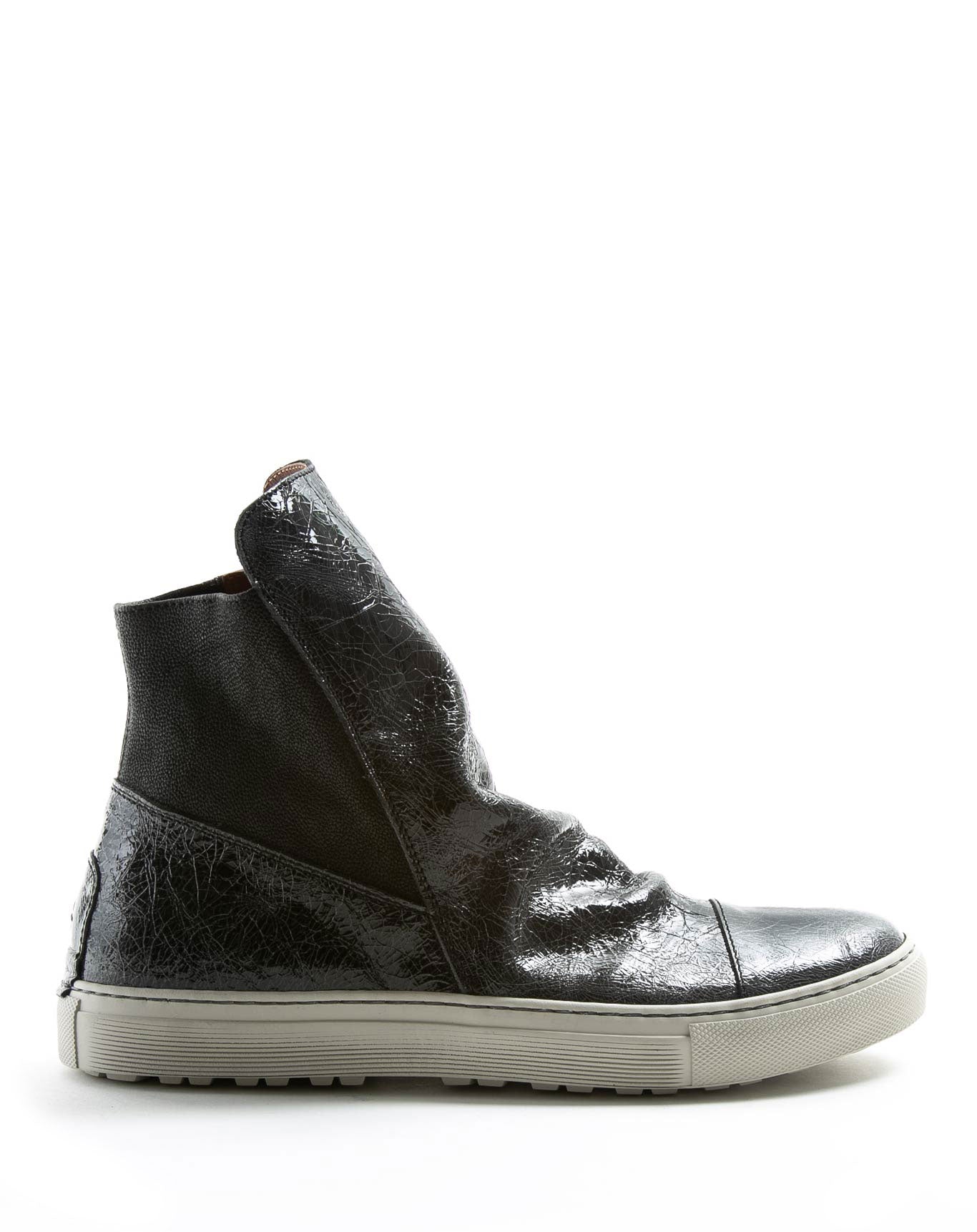 Fiorentini + Baker, BOLT BRET, Distressed black leather sneaker boots with ruched vamp and inside zip-Made in Italy-side