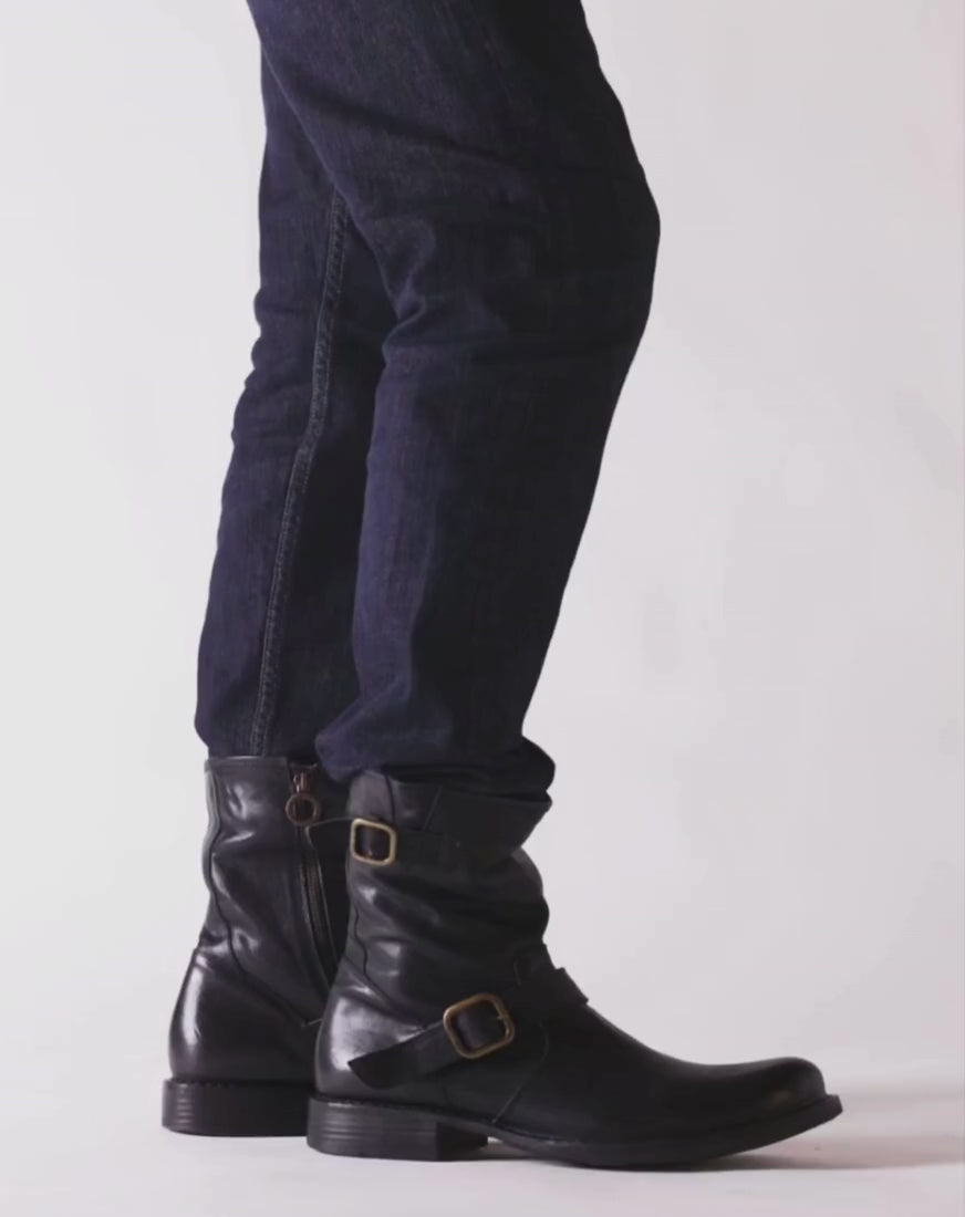 Fiorentini + Baker, ETERNITY EVIA, Men biker ankle boots with buckle detailing and inside zip in black leather-Made in Italy-video