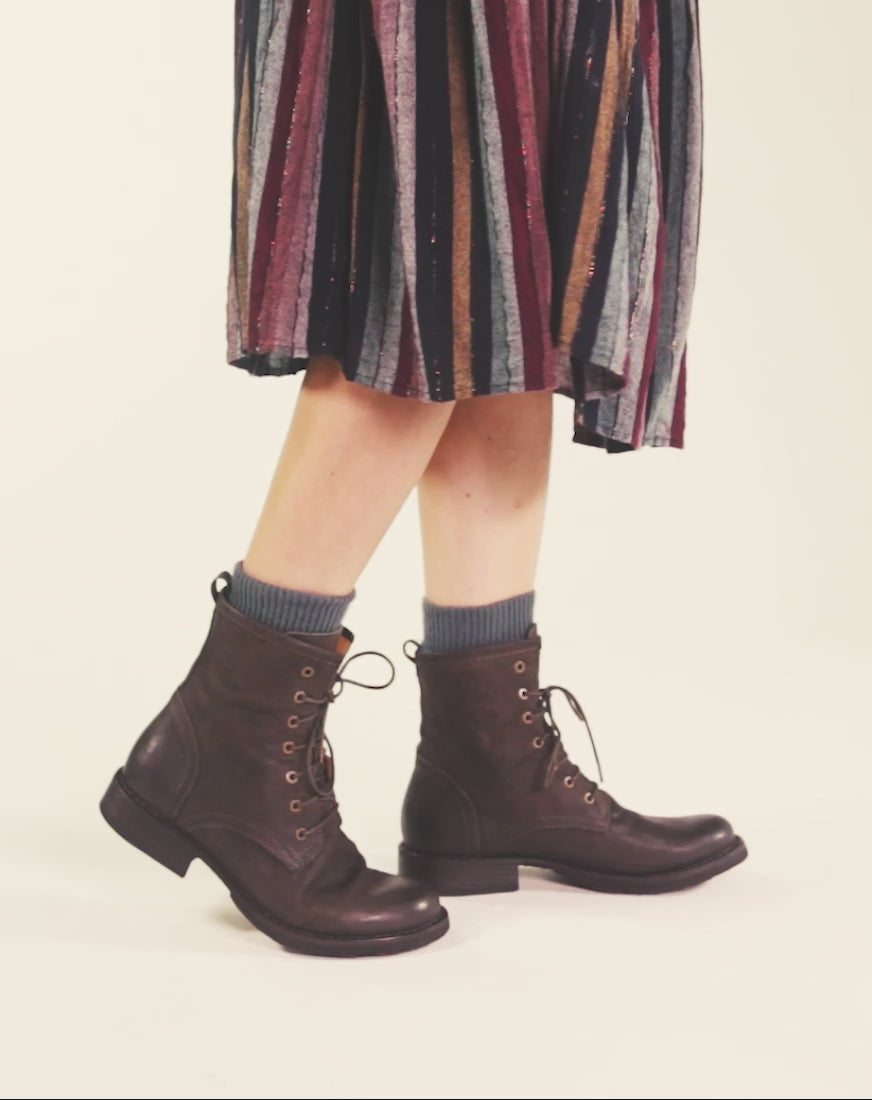 Fiorentini + Baker, ETERNITY ELME, Military style lace-up tall ankle boots in coffee brown leather-Made in Italy-vieo