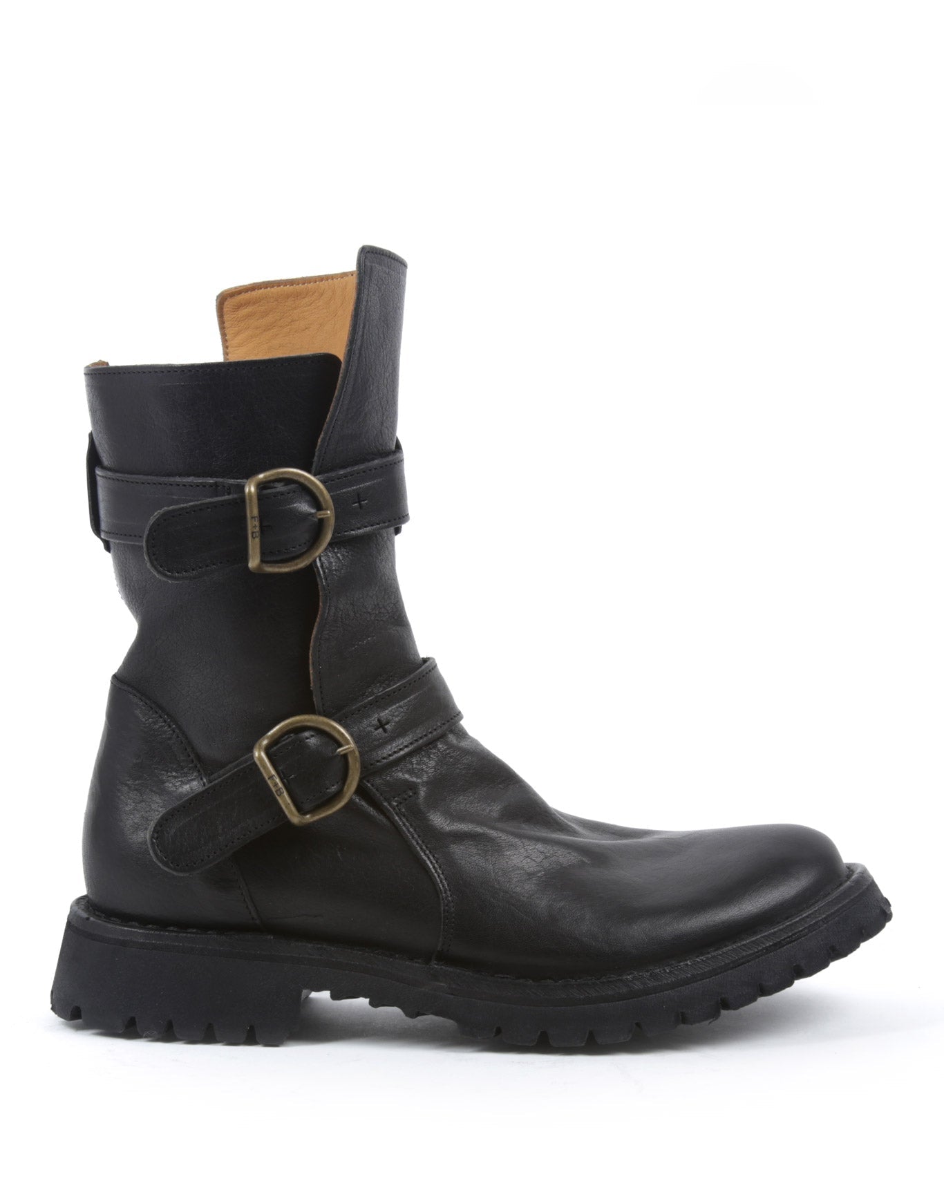 Fiorentini + Baker, ETERNITY MASSIVE M-713, Black leather tall ankle boots with 2 buckles and thick rubber sole-Made in Italy-side