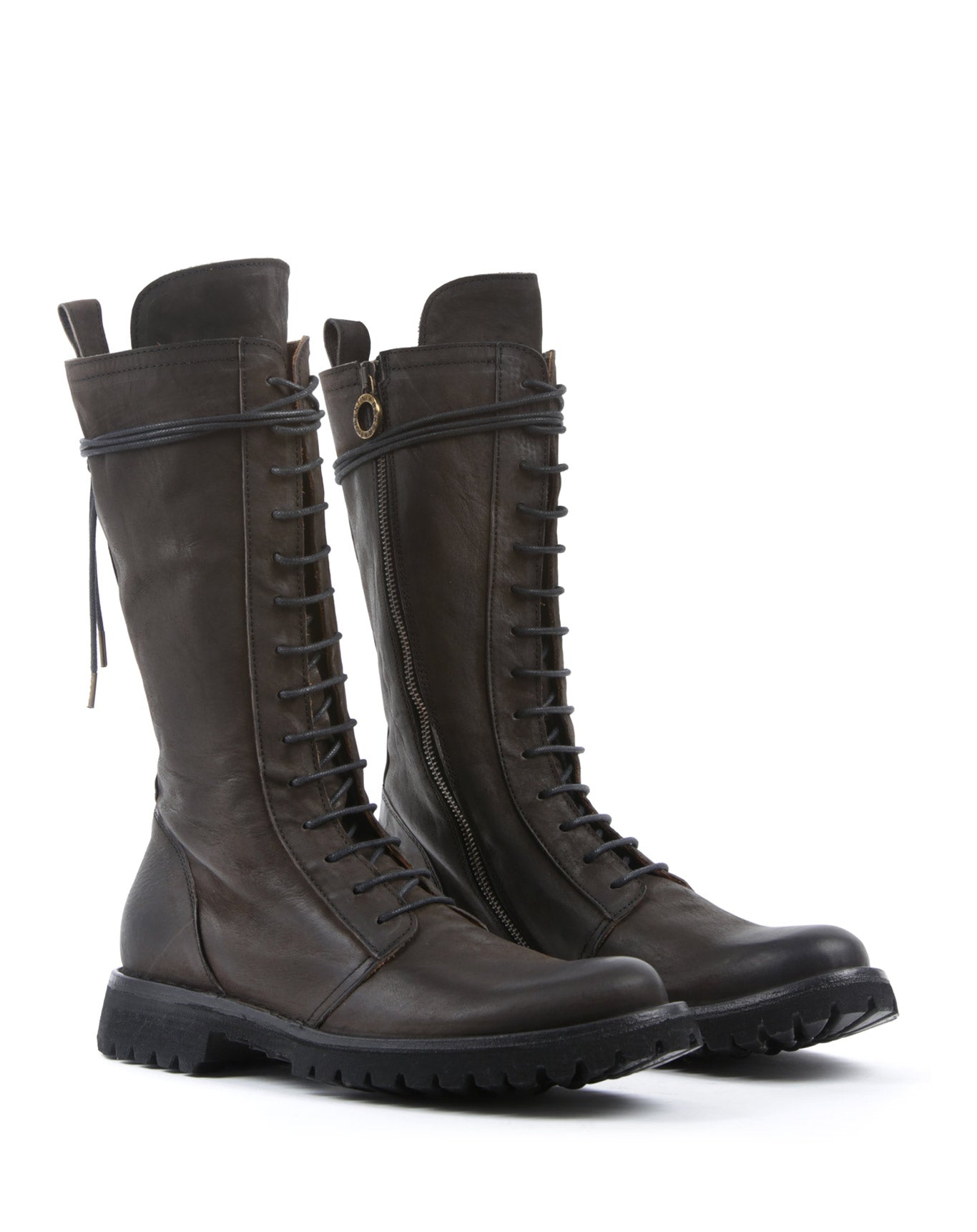 Fiorentini + Baker, ETERNITY MASSIVE M-EGAN, Brown leather tall lace up military style boots with inside zip and thick rubber sole-Made in Italy-lateral