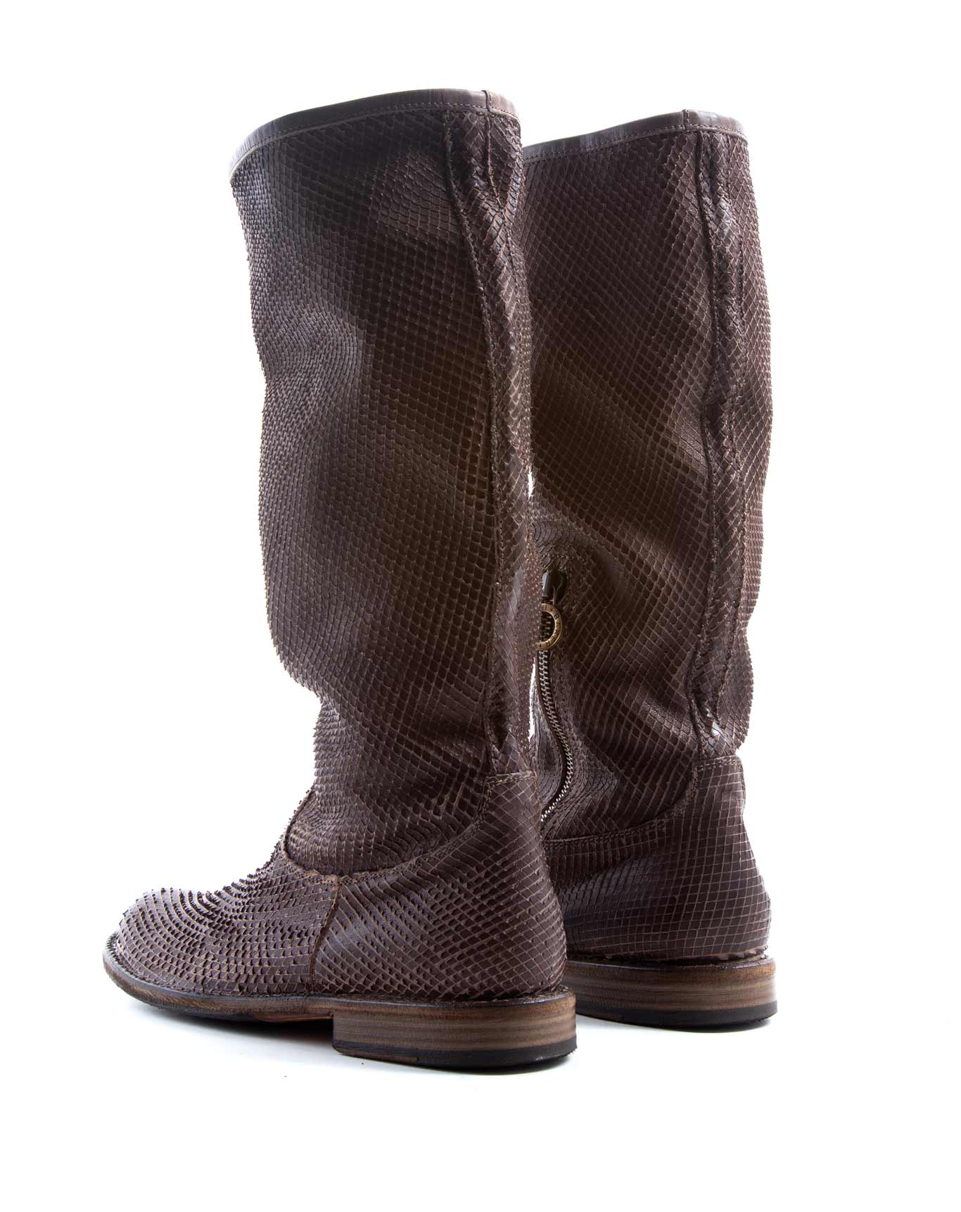 Fiorentini + Baker, FRATERNITY FEVO, Tall pull on boots with a slouchy look in brown laser cut leather-Made in Italy-back