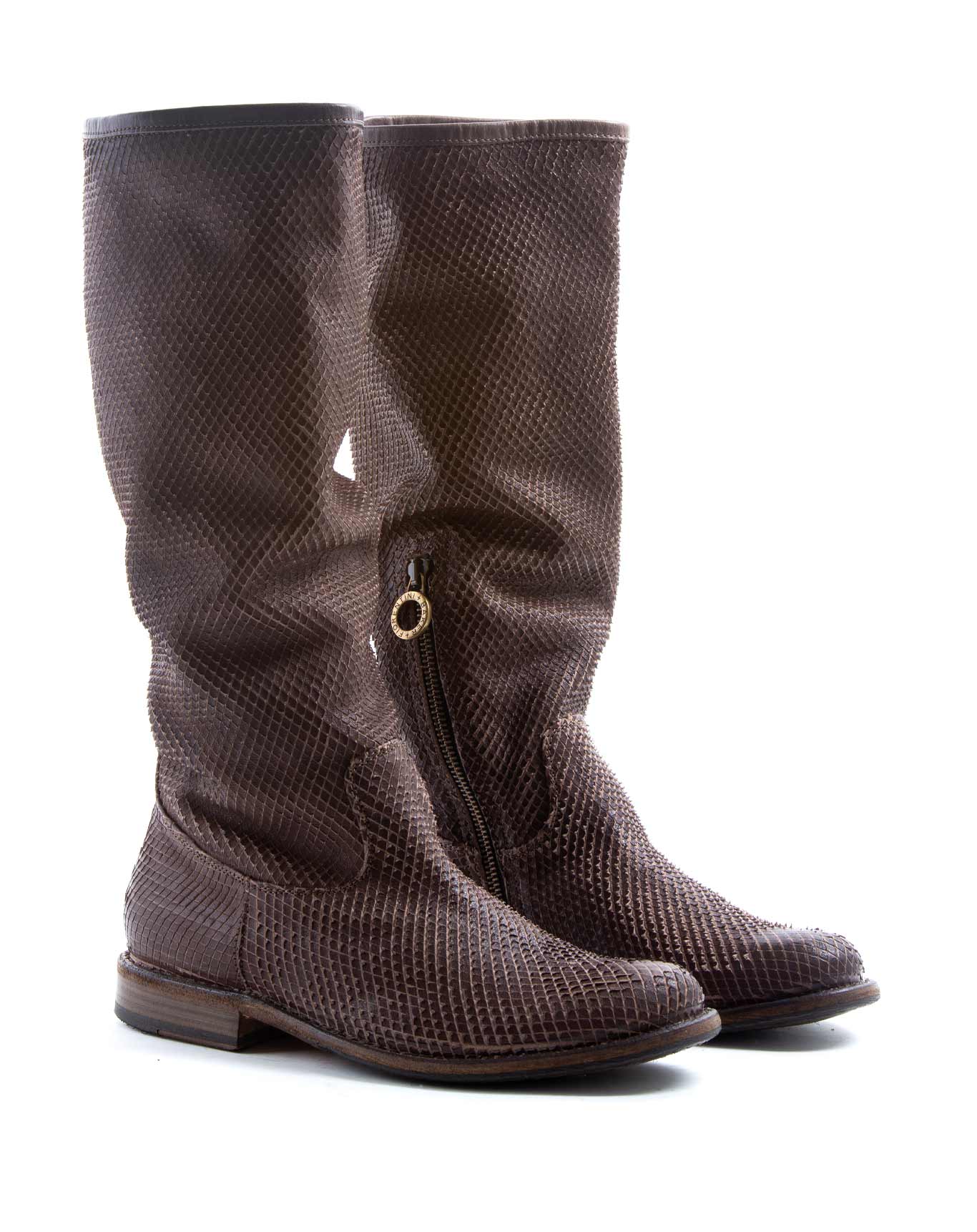 Fiorentini + Baker, FRATERNITY FEVO, Tall pull on boots with a slouchy look in brown laser cut leather-Made in Italy-lateral