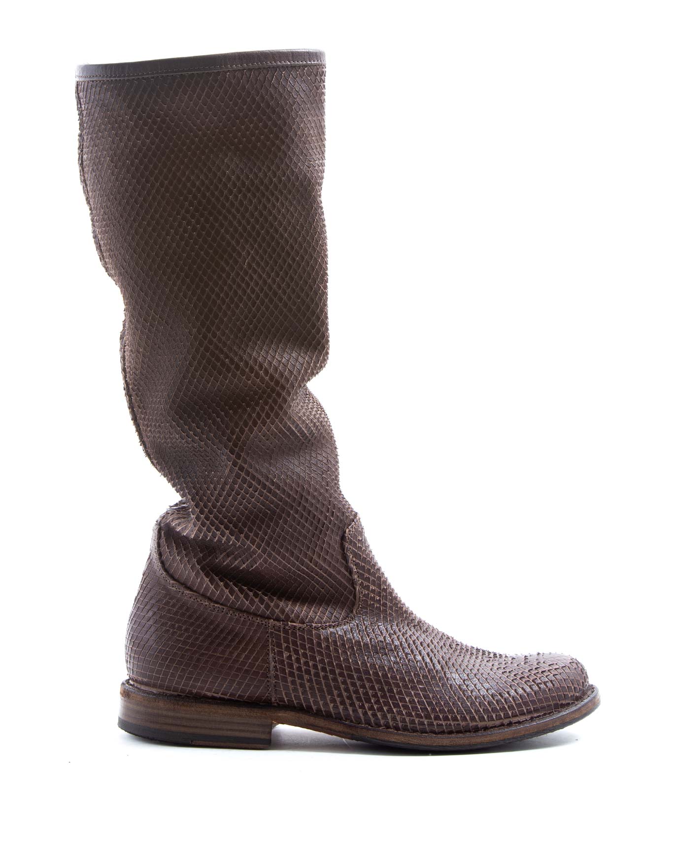 Fiorentini + Baker, FRATERNITY FEVO, Tall pull on boots with a slouchy look in brown laser cut leather-Made in Italy-side