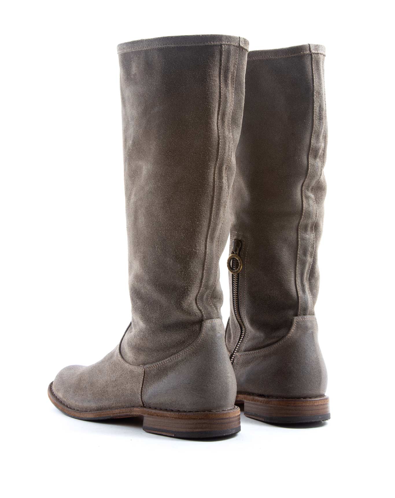 Fiorentini + Baker, FRATERNITY FEVO, Tall pull on boots with a slouchy look in taupe suede-Made in Italy-back