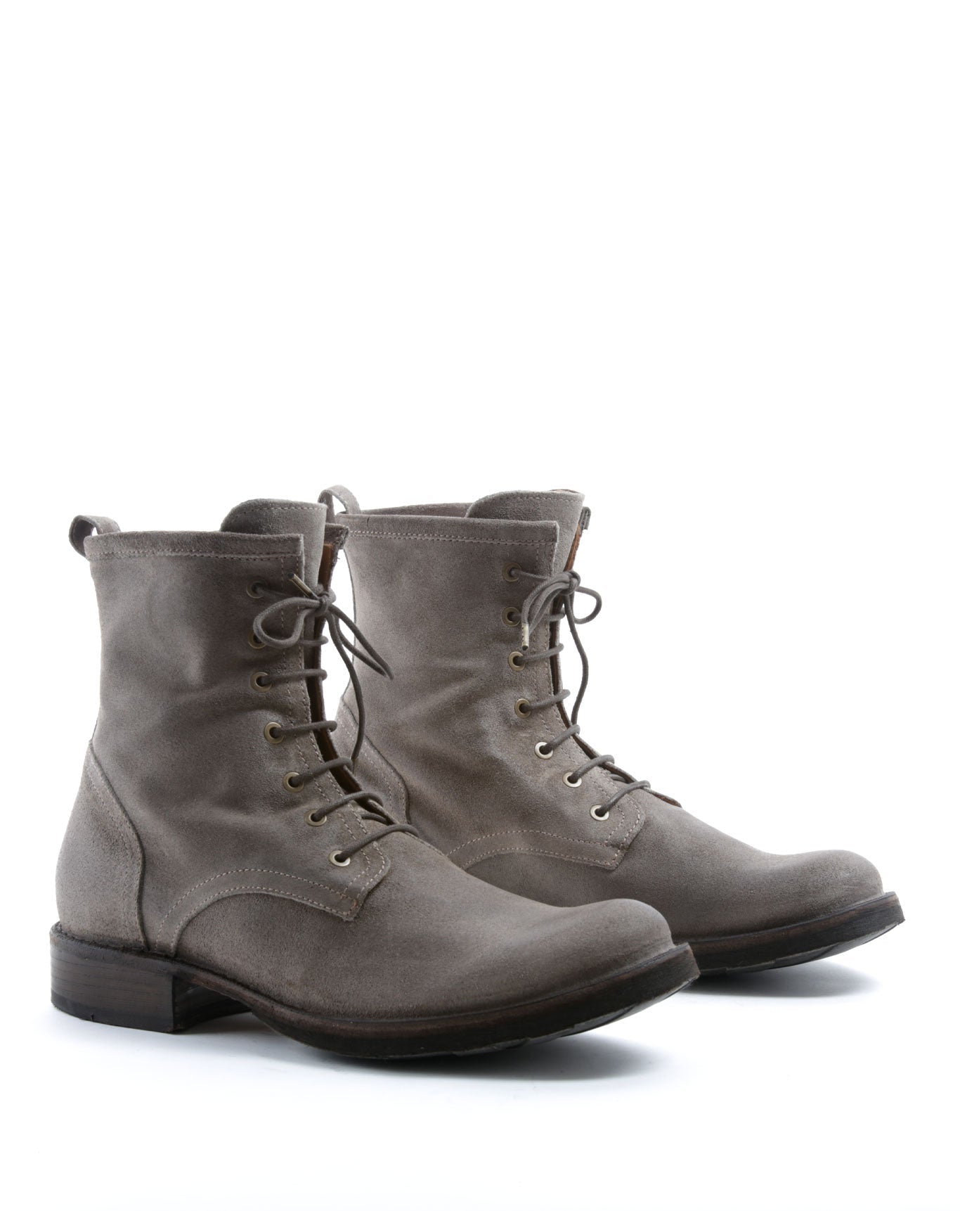 Fiorentini + Baker, ETERNITY ELME, Military style lace-up tall ankle boots in taupe suede-Made in Italy-lateral