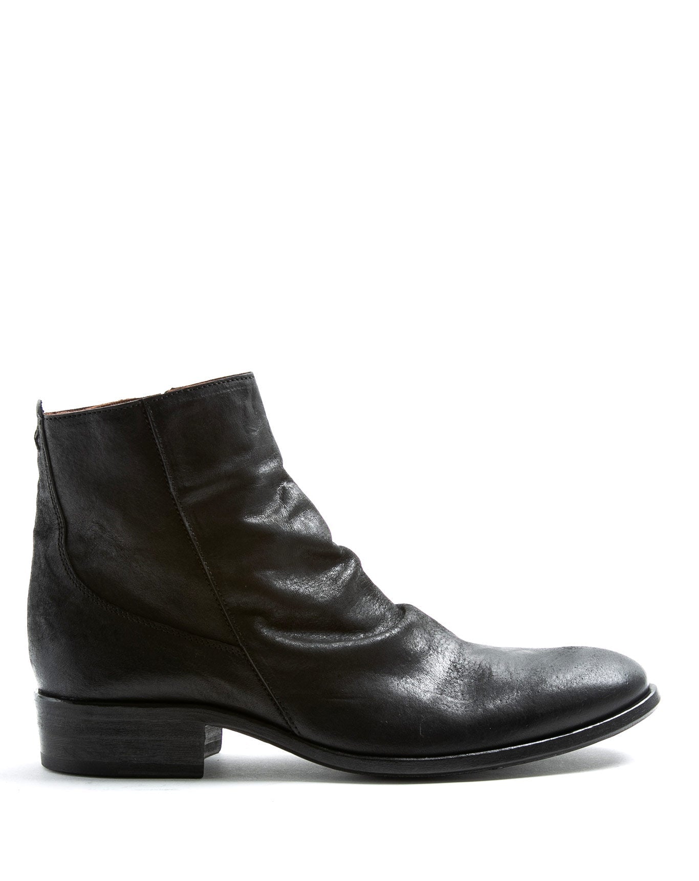 Fiorentini + Baker, CHANCE CLAUS, Men ankle boots with elongated toe, naturally ruched vamp and inside zip in reversed black leather-Made in Italy-side