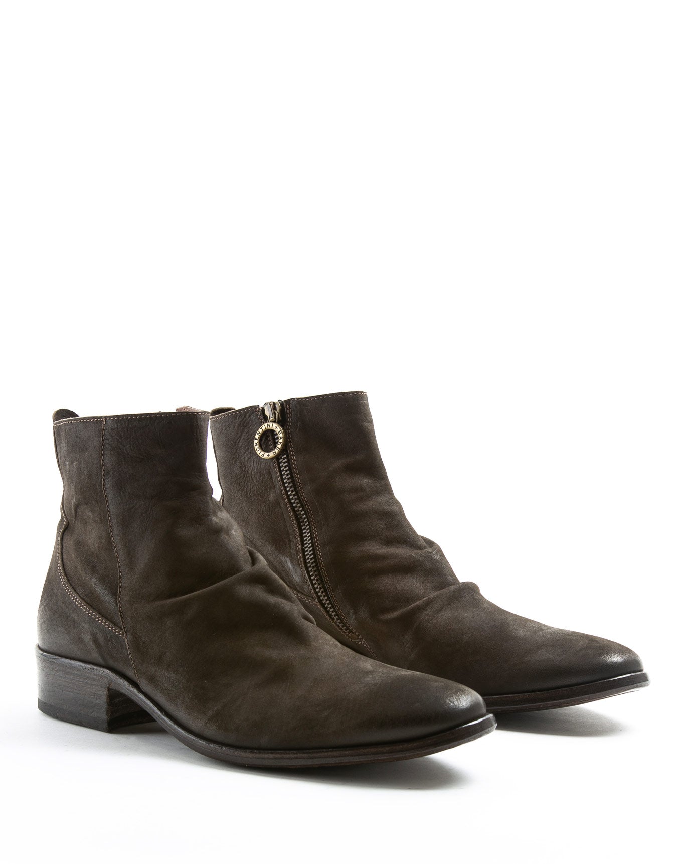 Fiorentini + Baker, CHANCE CLAUS, Men ankle boots with elongated toe, naturally ruched vamp and inside zip in reversed coffee brown leather-Made in Italy-lateral