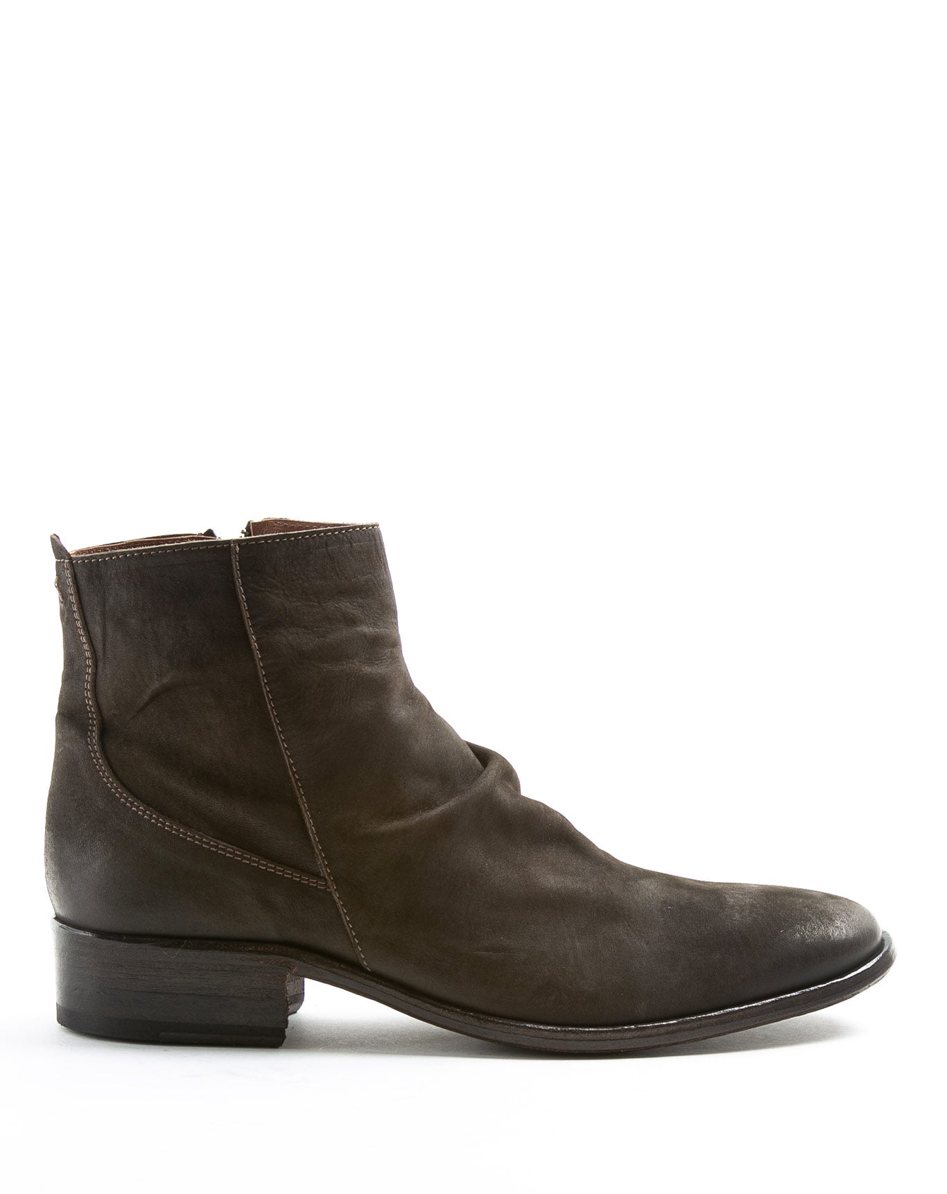 Fiorentini + Baker, CHANCE CLAUS, Men ankle boots with elongated toe, naturally ruched vamp and inside zip in reversed coffee brown leather-Made in Italy-side