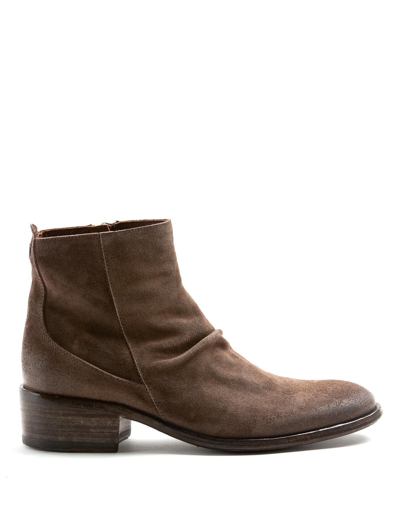 Fiorentini + Baker, CHANCE CLAUS, Men ankle boots with elongated toe, naturally ruched vamp and inside zip in brown suede-Made in Italy-side