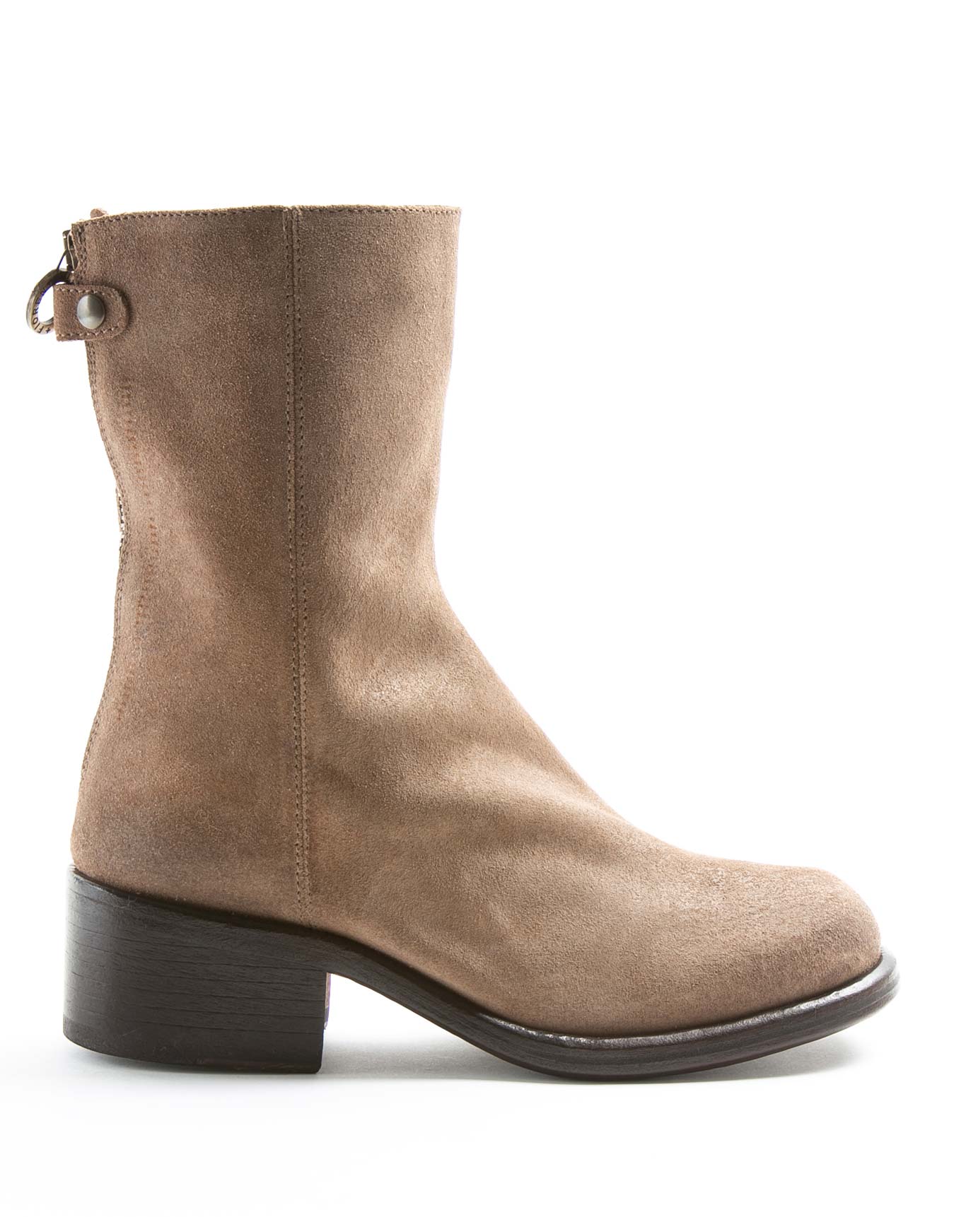 Fiorentini + Baker, MIX MENNY, Women tall ankle boots with rear zip, squared toe and 5cm heel in taupe suede-Made in Italy-side