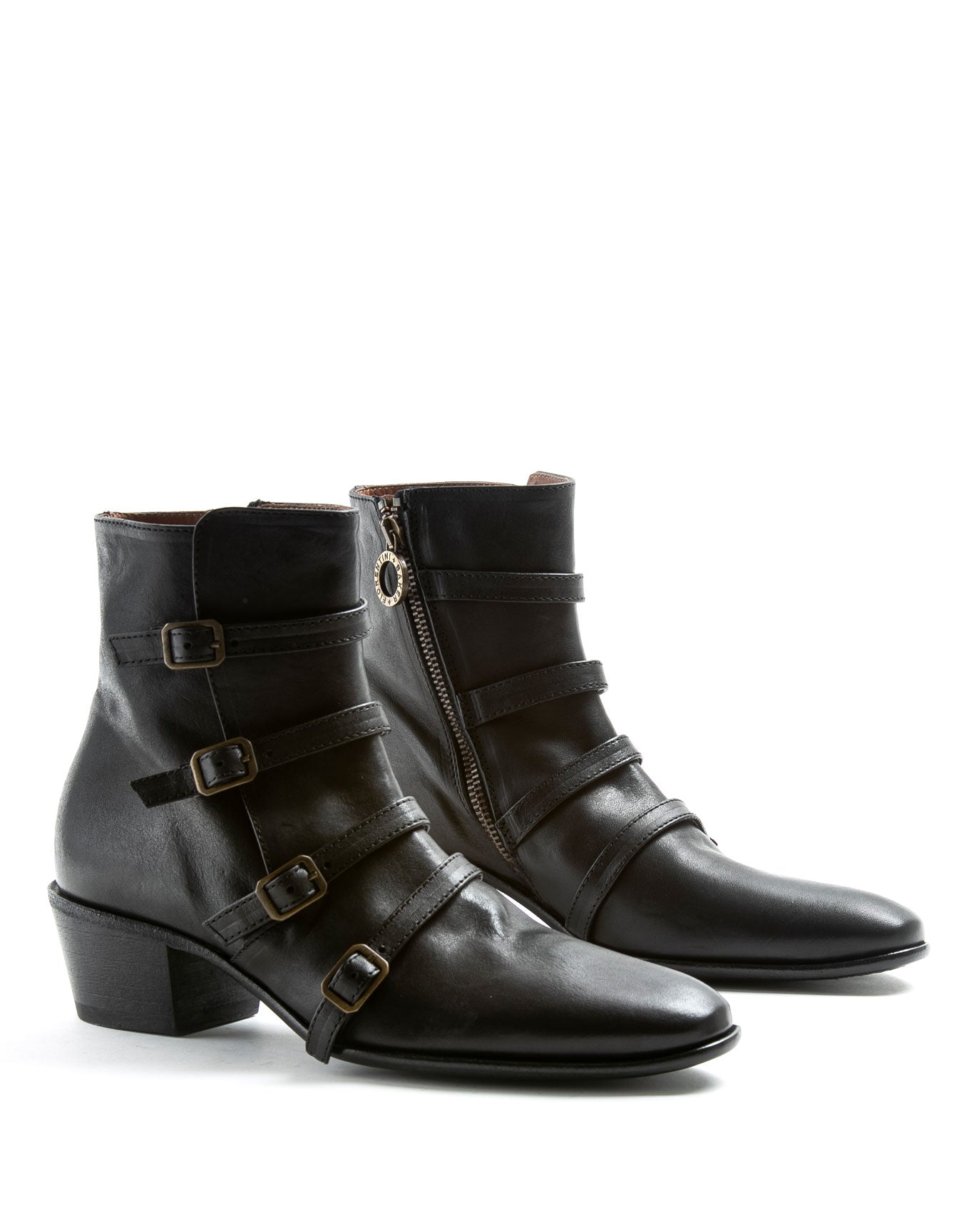 FIORENTINI + BAKER, MISTER MOOG, Elegant leather ankle boot with multi buckles detail and slightly pointed toe. Handcrafted by skilled artisans. Made in Italy. Made to last.