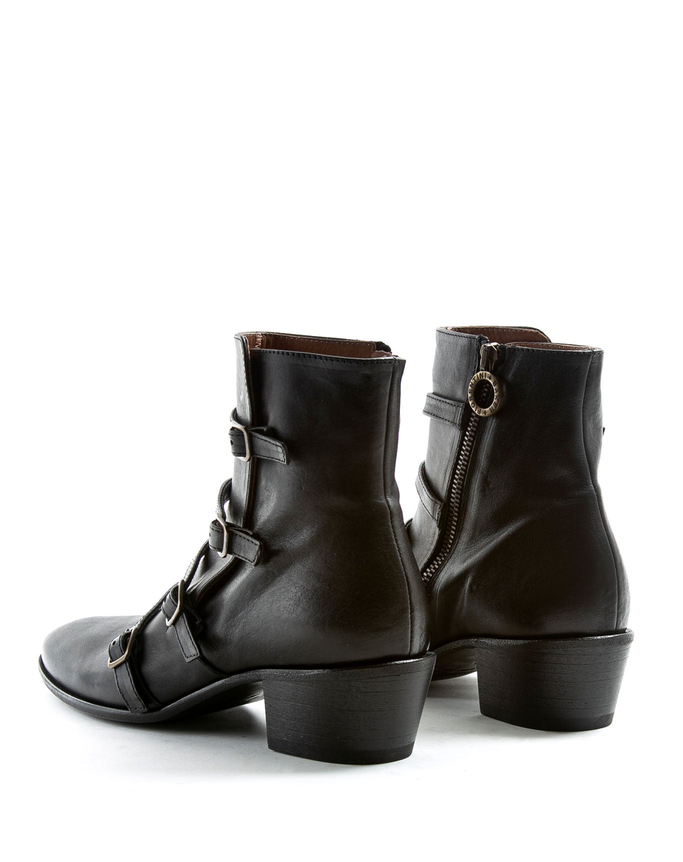 Fiorentini + Baker, MISTER MOOG, Black leather women ankle boots with multi buckles detail and slightly pointed toe-Made in Italy-back