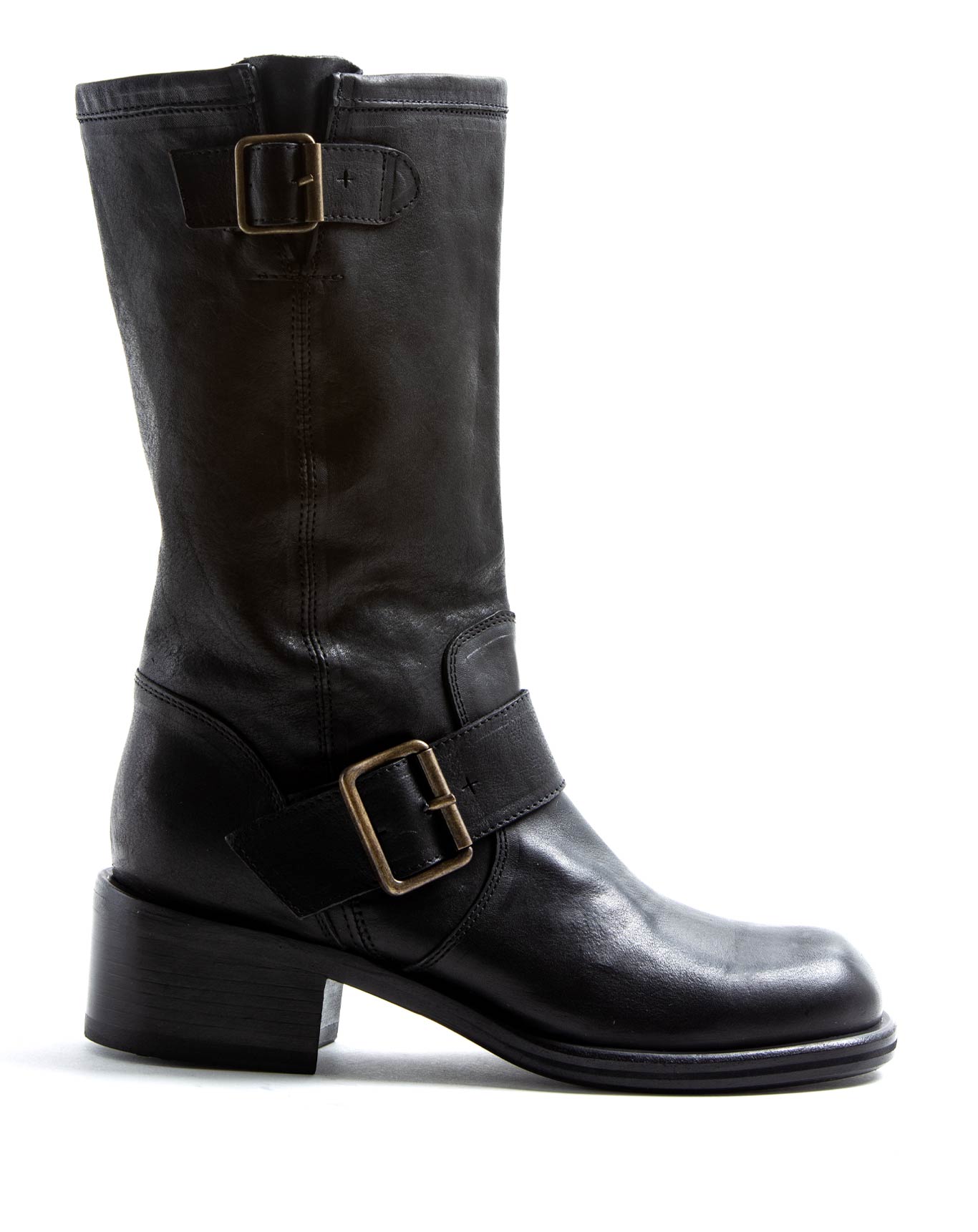 FIORENTINI + BAKER, MIX MIK, Leather mid-calf boot with double buckle. Bold boots inspired by vintage campus and biker boots. Handcrafted by skilled artisans. Made in Italy. Made to last.