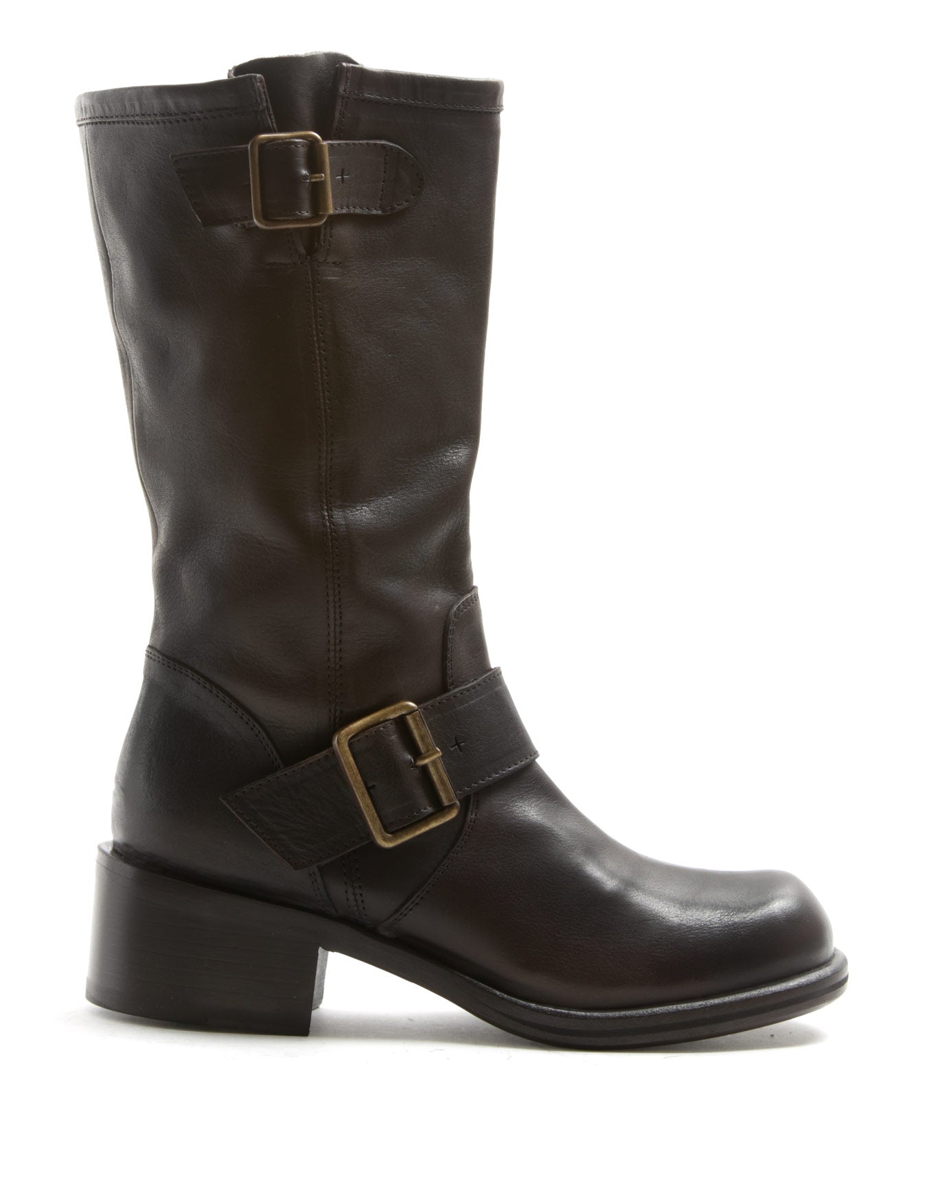 FIORENTINI + BAKER, MIX MIK, Leather mid-calf boot with double buckle. Bold boots inspired by vintage campus and biker boots. Handcrafted by skilled artisans. Made in Italy. Made to last.