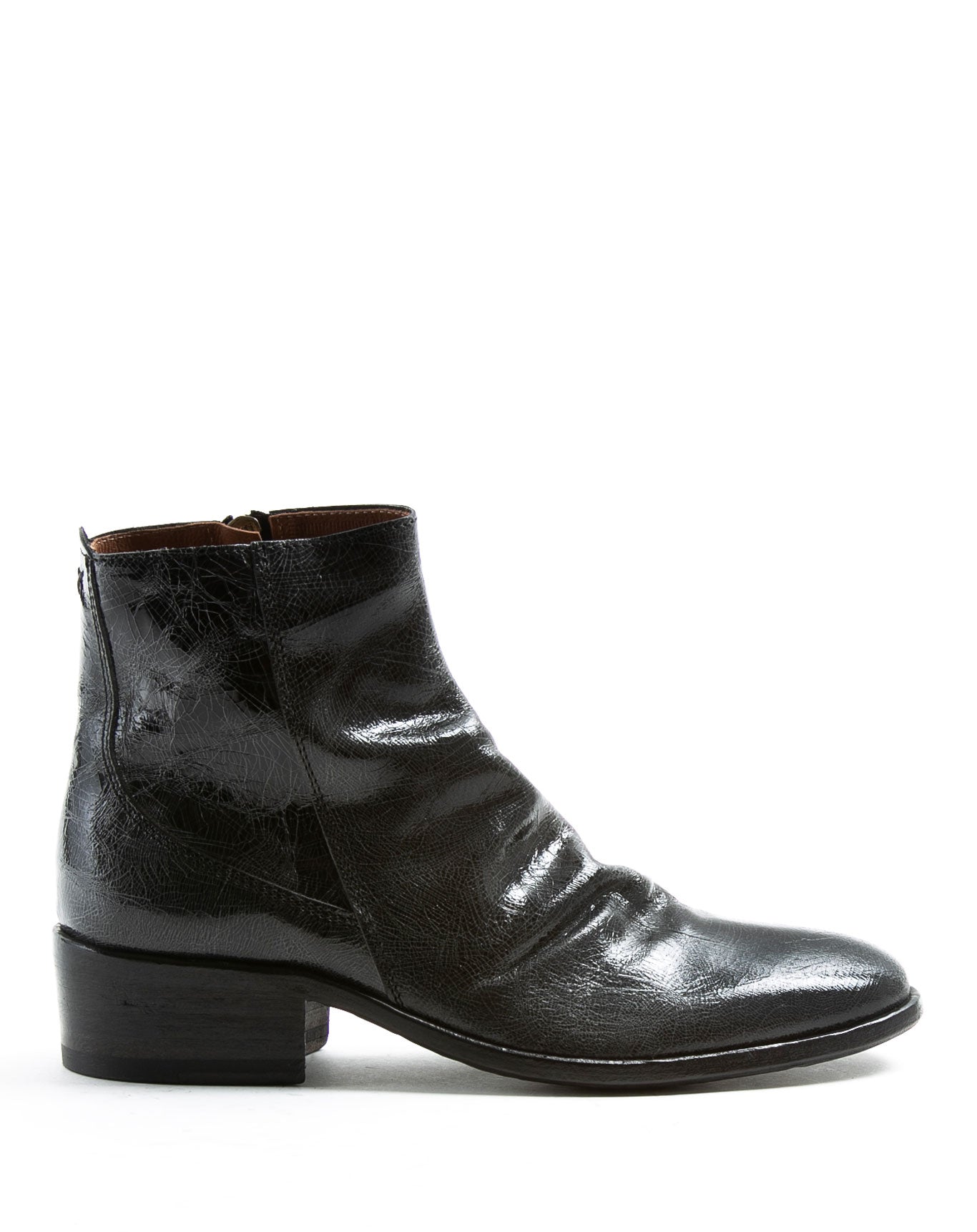 Fiorentini + Baker, CHANCE CLAUS, Women ankle boots with elongated toe, naturally ruched vamp and inside zip in distressed black leather-Made in Italy-side