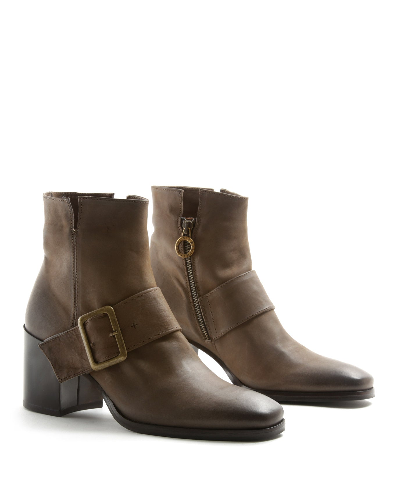 Fiorentini + Baker, CLAREY CAPE,  Comfortable brown ankle boots with wide instep, buckled strap, squared toe and 7cm heel-Made to last-lateral