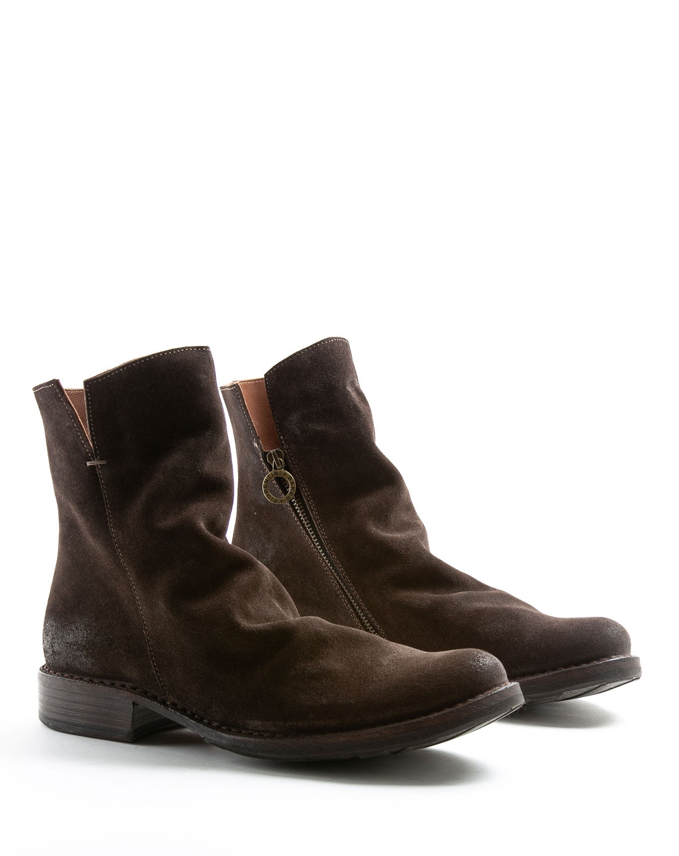 Fiorentini + Baker, ETERNITY ELF, Dark brown suede ankle boots with slightly ruched vamp and inside zip-Made in Italy-lateral