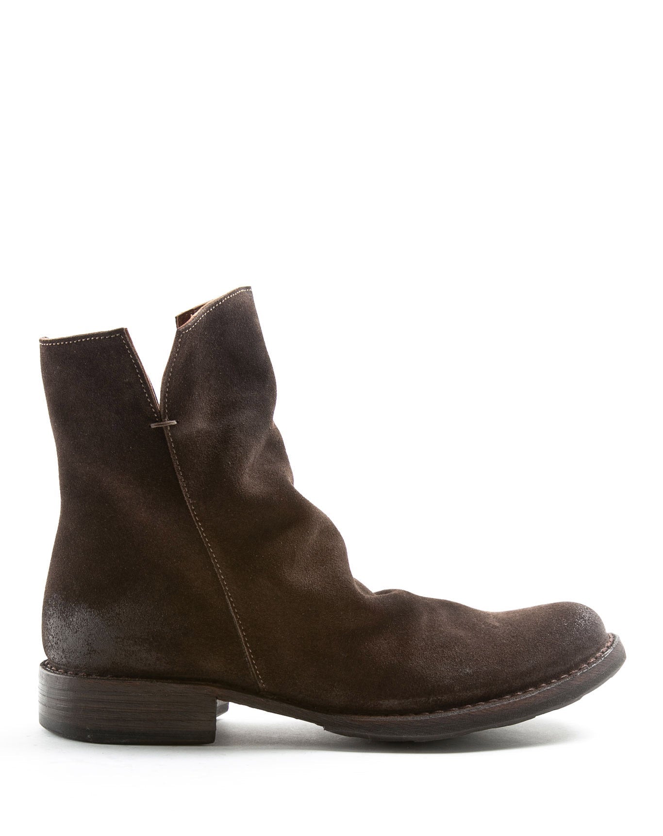 Fiorentini + Baker, ETERNITY ELF, Dark brown suede ankle boots with slightly ruched vamp and inside zip-Made in Italy-side