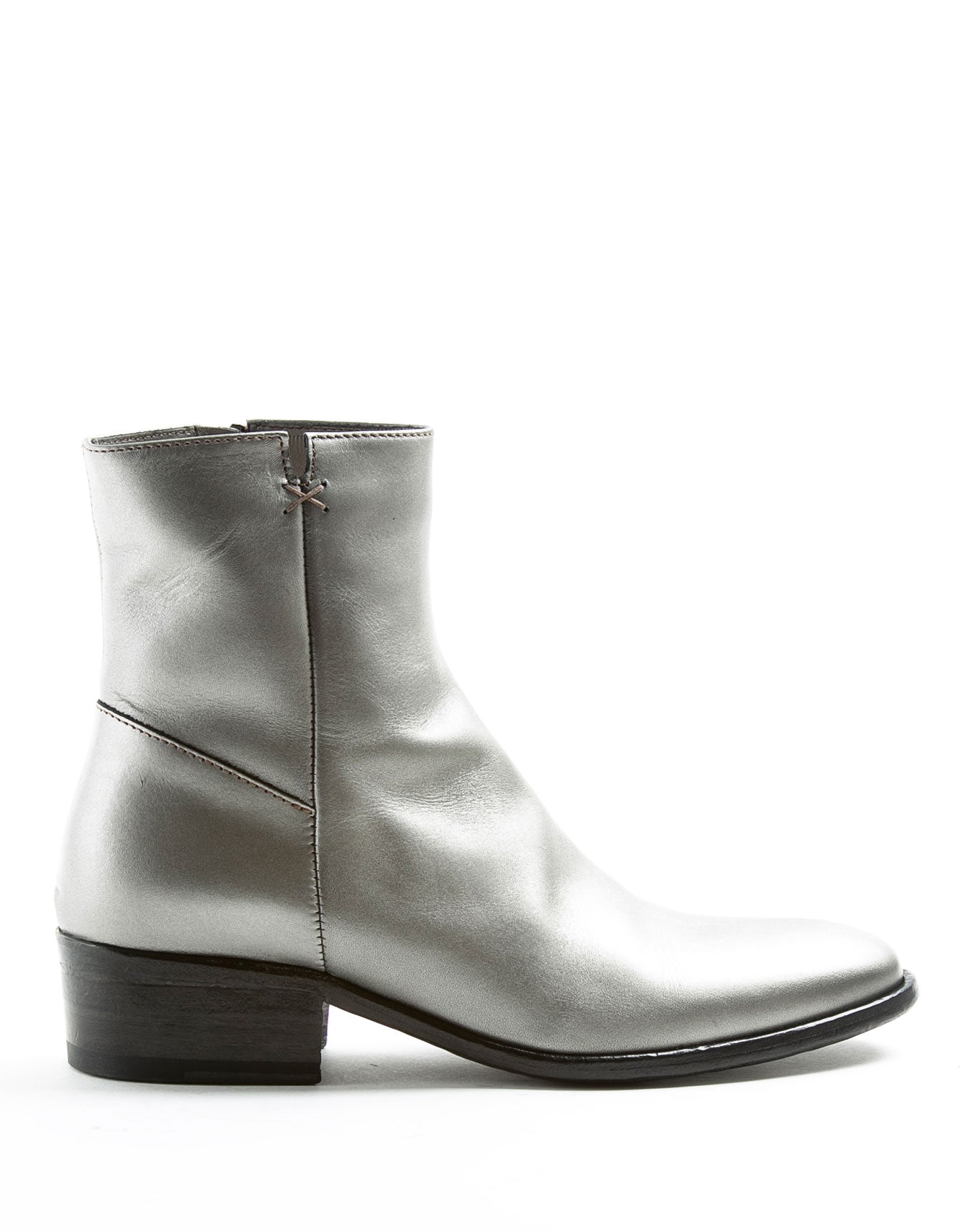 Fiorentini + Baker, CHANCE CALE, Silver leather women ankle boots with elongated shape and inside zip-Made in Italy-side