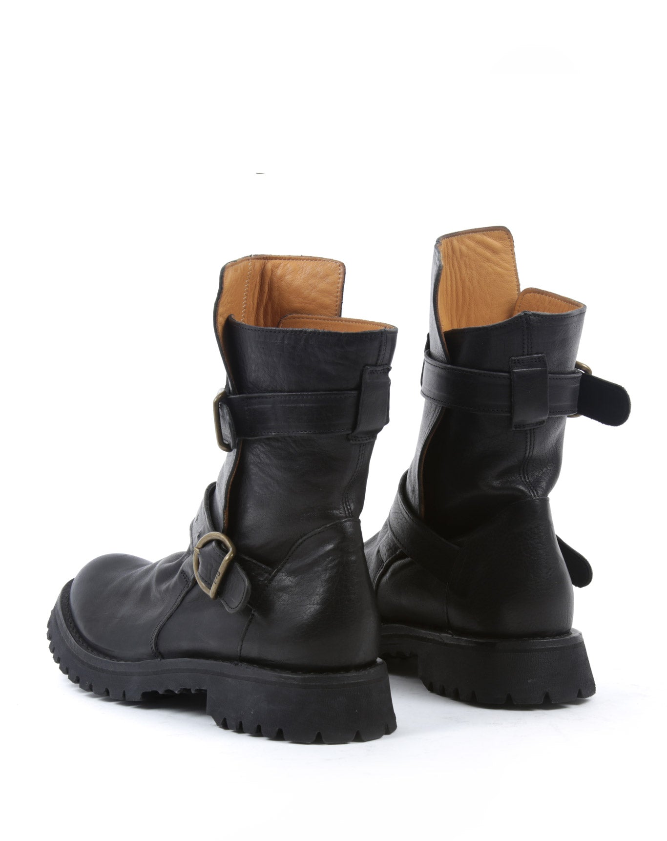 Fiorentini + Baker, ETERNITY MASSIVE M-713, Black leather  tall ankle boots with 2 buckles and thick rubber sole-Made in Italy-back