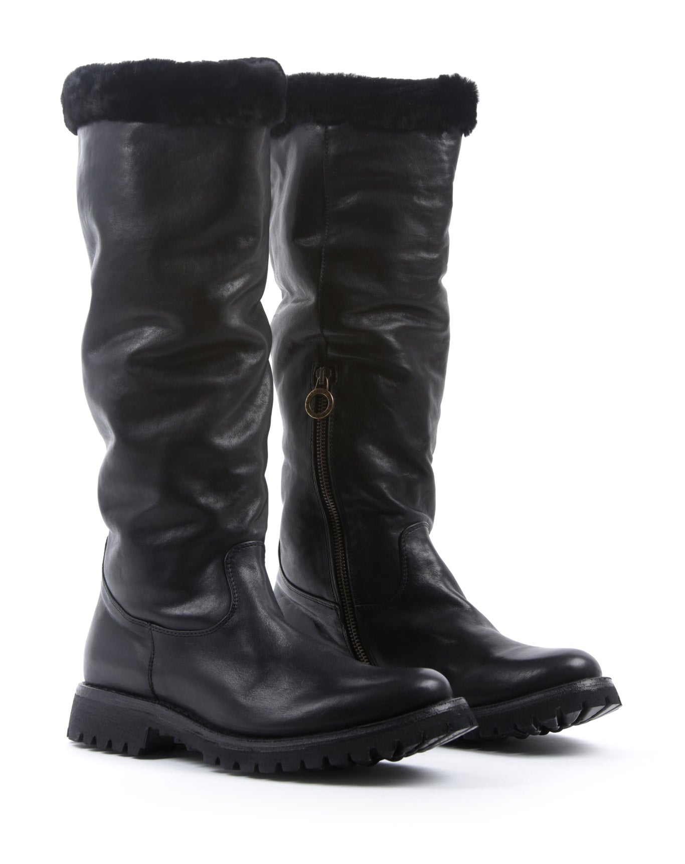 Fiorentini + Baker, ETERNITY MASSIVE M-ELLMO, Black leather women tall boots with shearling lining and thick rubber sole-Made in Italy-lateral