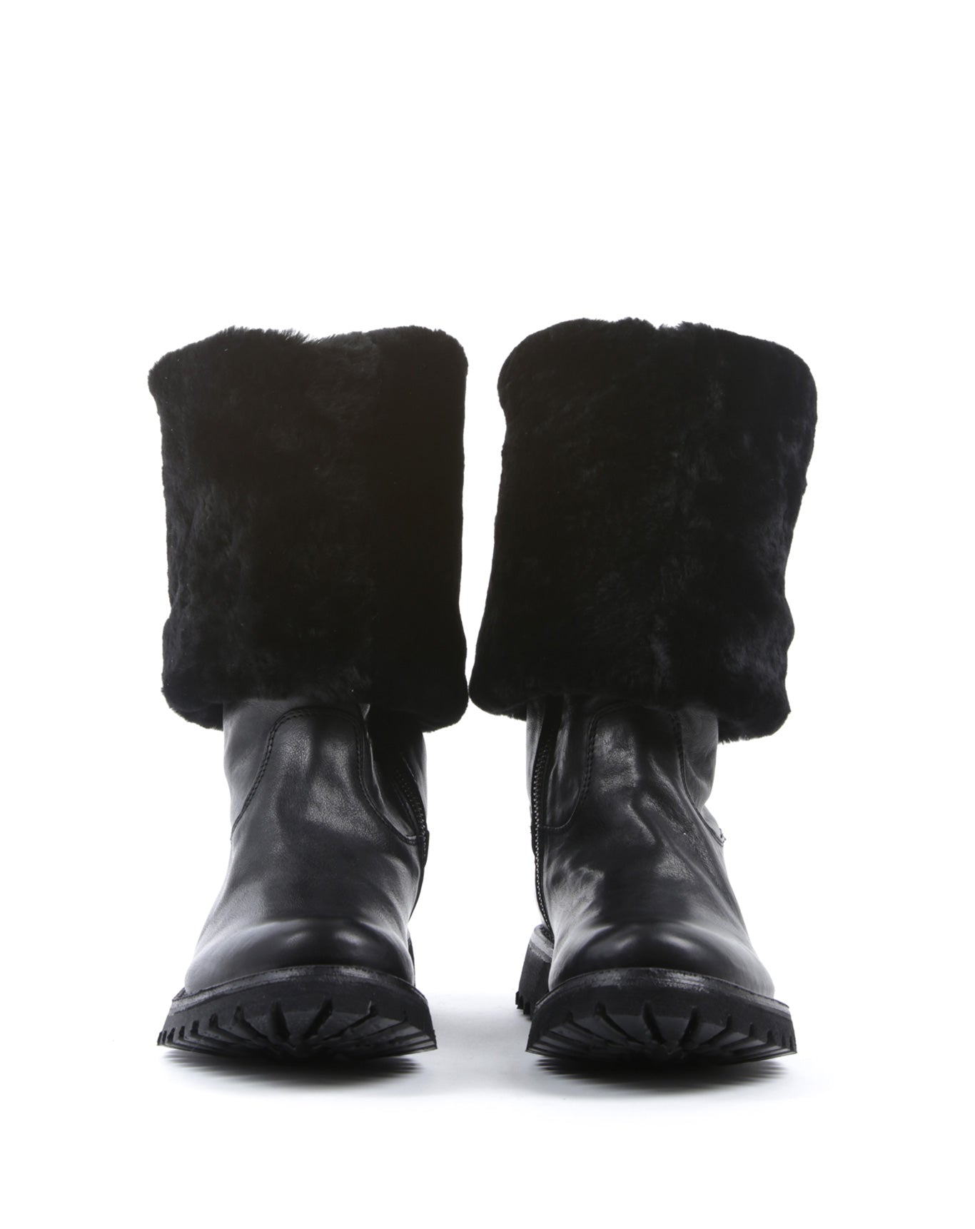 Fiorentini + Baker, ETERNITY MASSIVE M-ELLMO, Black leather women tall boots with shearling lining and thick rubber sole-Made in Italy-front