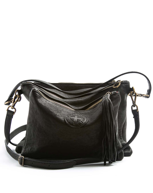 FIORENTINI+BAKER, FUTURA, Black leather tree pockets cross body bag and shoulder bag with tassels-Made in Italy-front