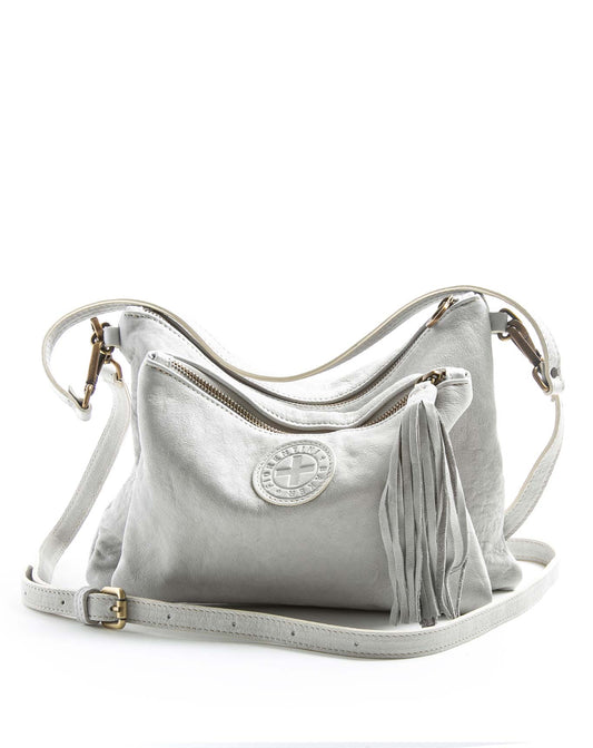 FIORENTINI+BAKER, FUTURA, White leather tree pockets cross body bag and shoulder bag with tassels-Made in Italy-front