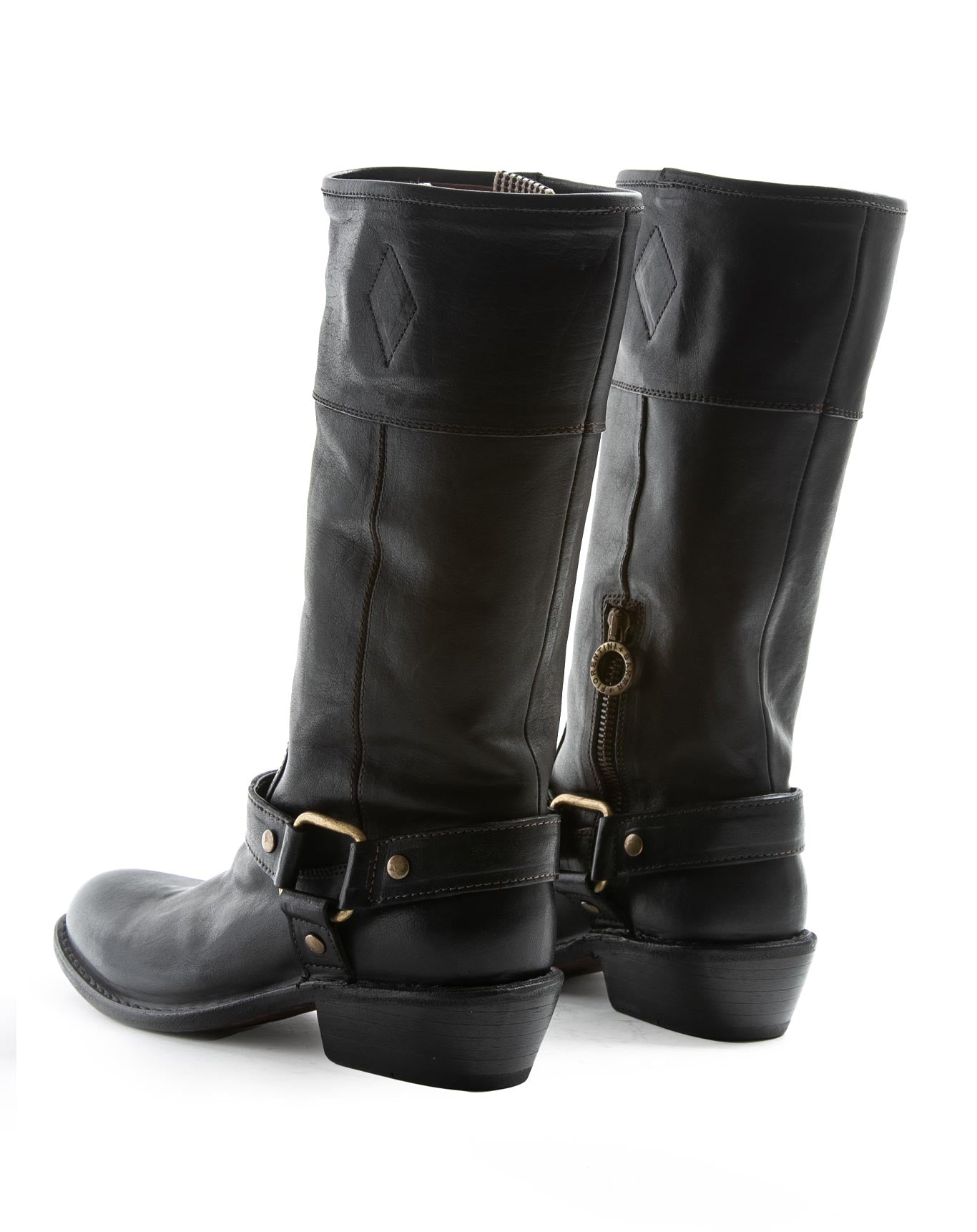 Fiorentini + Baker, ROCKER RIZ, Black leather knee-heigh boots with harness design and slightly pointed toe-Made in Italy-back