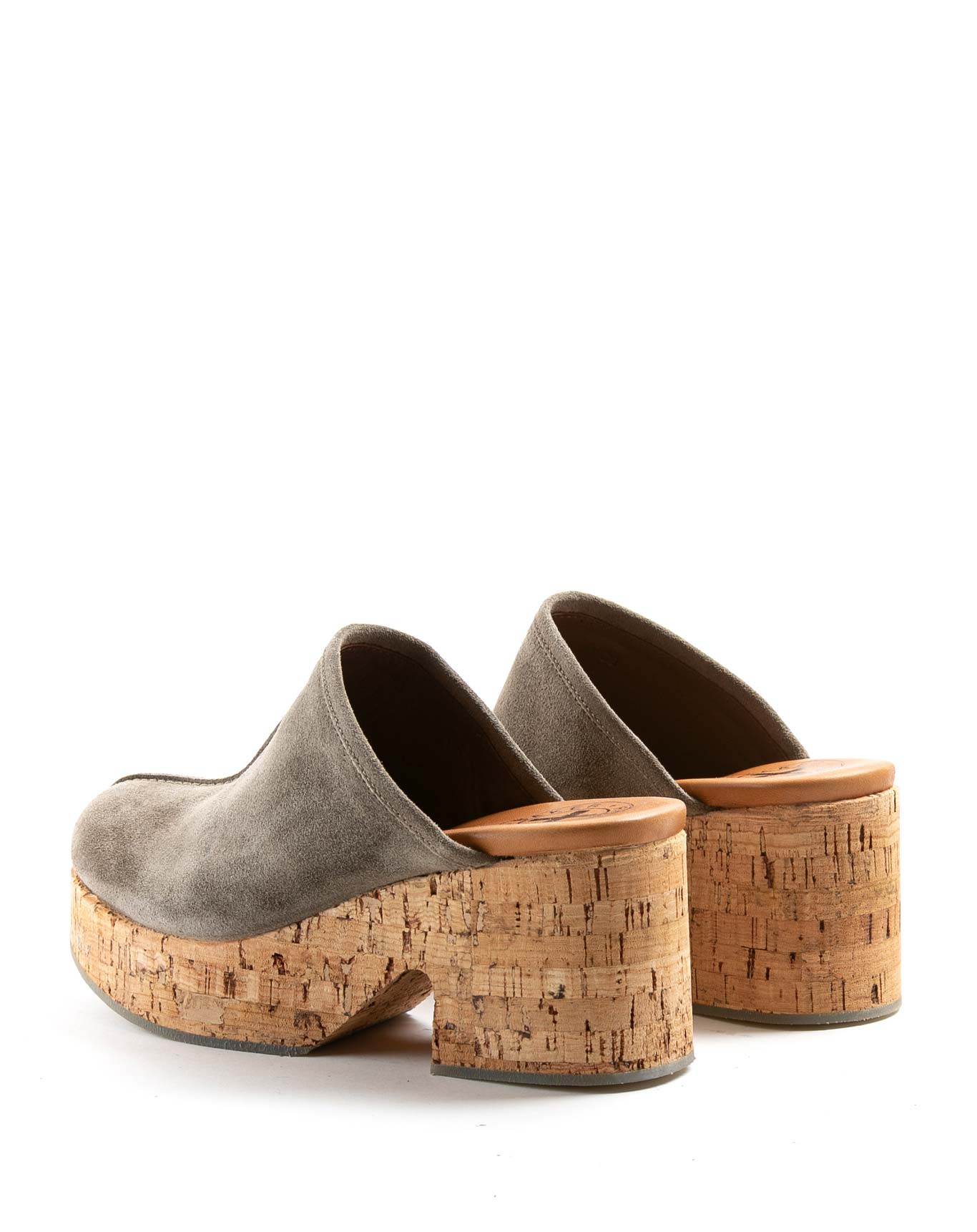 Fiorentini + Baker, DELITE DORE, Grey suede clogs with cork sole and 8cm heel-Made in Italy-back