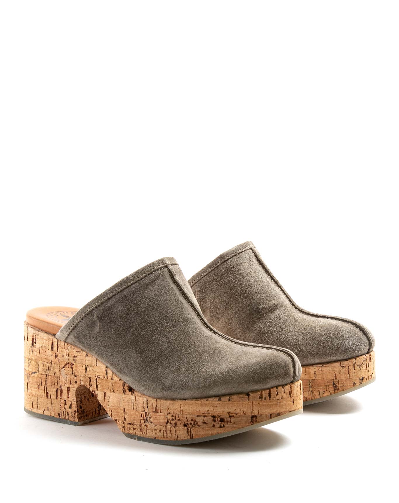 Fiorentini + Baker, DELITE DORE, Grey suede clogs with cork sole and 8cm heel-Made in Italy-lateral