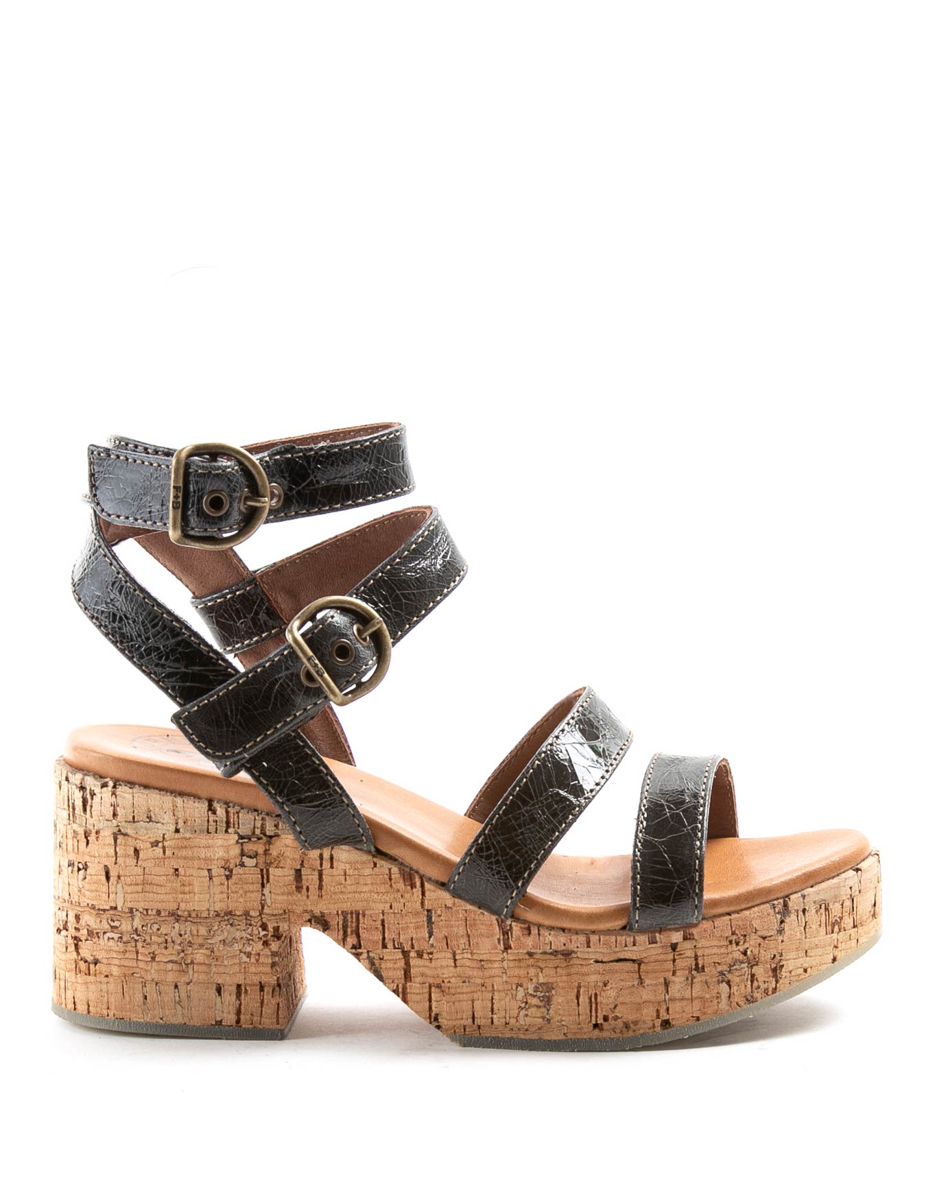 Fiorentini + Baker, DELITE DITT, Black leather sandals with adjustable buckled straps, cork sole and 8cm heel-Made in Italy-side